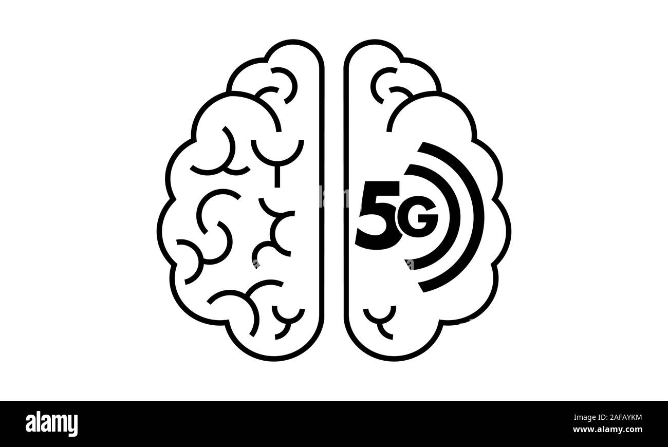 Icona del cervello wifi design piatto, nero isolato, silhouette su sfondo bianco. 5g, connessione internet delle cose Illustrazione Vettoriale