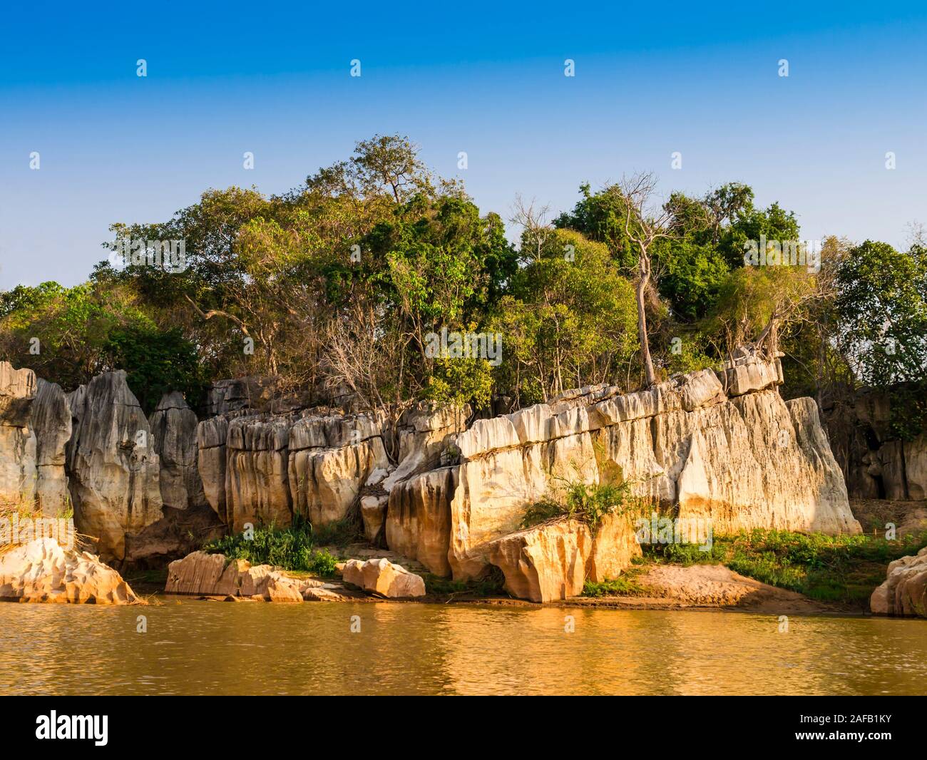 Incredibili formazioni di pietra si riflette sul fiume Manambolo, Tsingy de Bemaraha Riserva Integrale, Madagascar Foto Stock