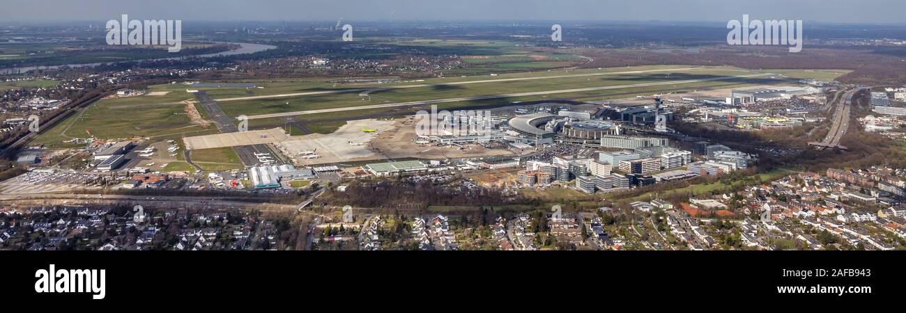 Foto aerea, aeroporto di Düsseldorf, DUS, aeroporto di Düsseldorf, Airport-City, Düsseldorf Airport City Business Park, pista, aeroporto, Düsseldorf, R Foto Stock