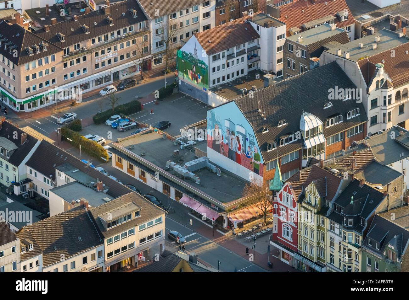 Foto aerea, Weststraße Extrablatt Cafe, Nordstraße, zona pedonale Hamm, , Hamm, la zona della Ruhr, Renania settentrionale-Vestfalia, Germania, DE, Europa, uccelli-occhi Foto Stock