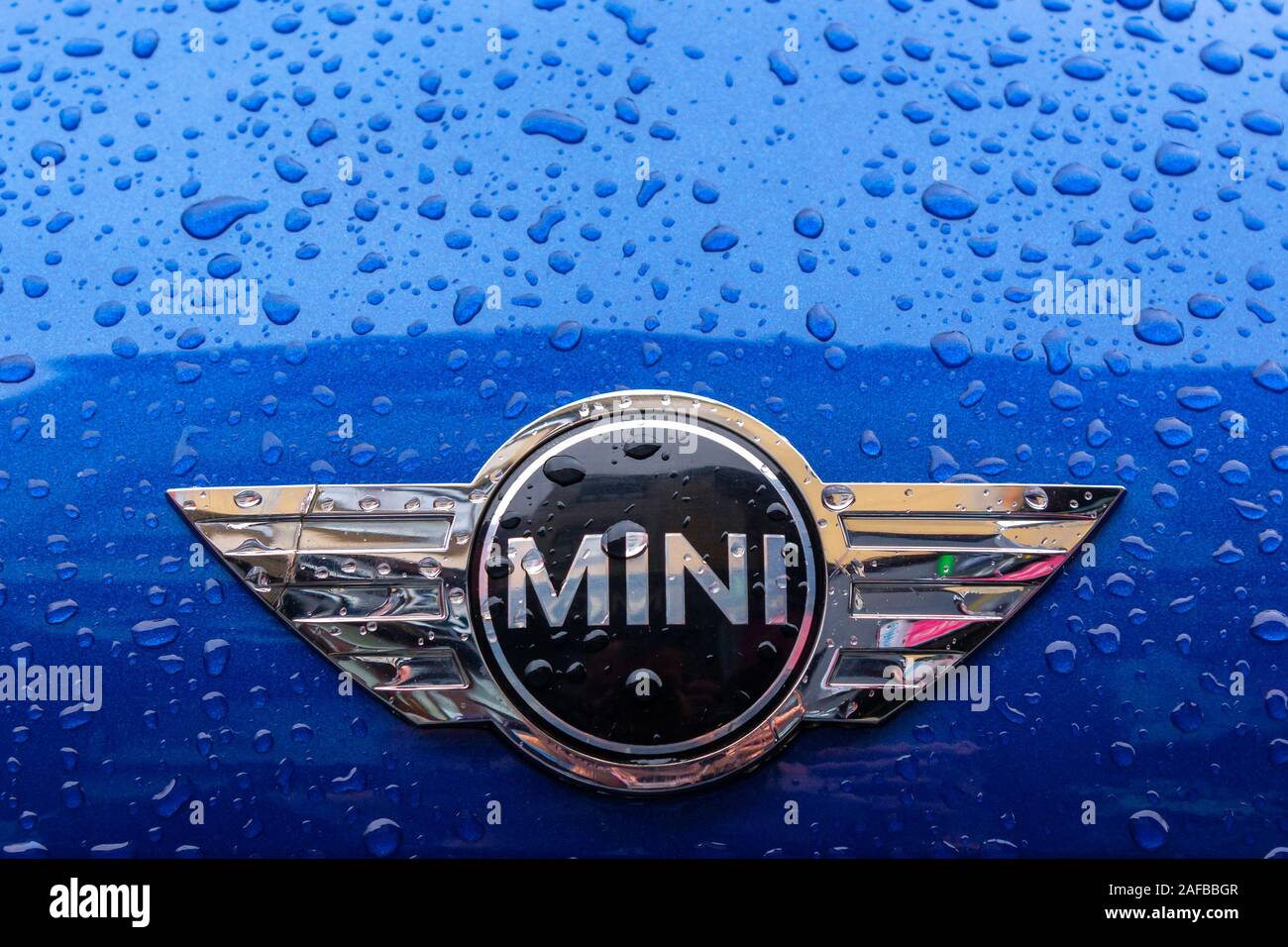 Uzhhorod, Ucraina - 14 LUG 2013: Mini Cooper logo sul blu metallizzato cofano veicolo umido dopo la pioggia Foto Stock