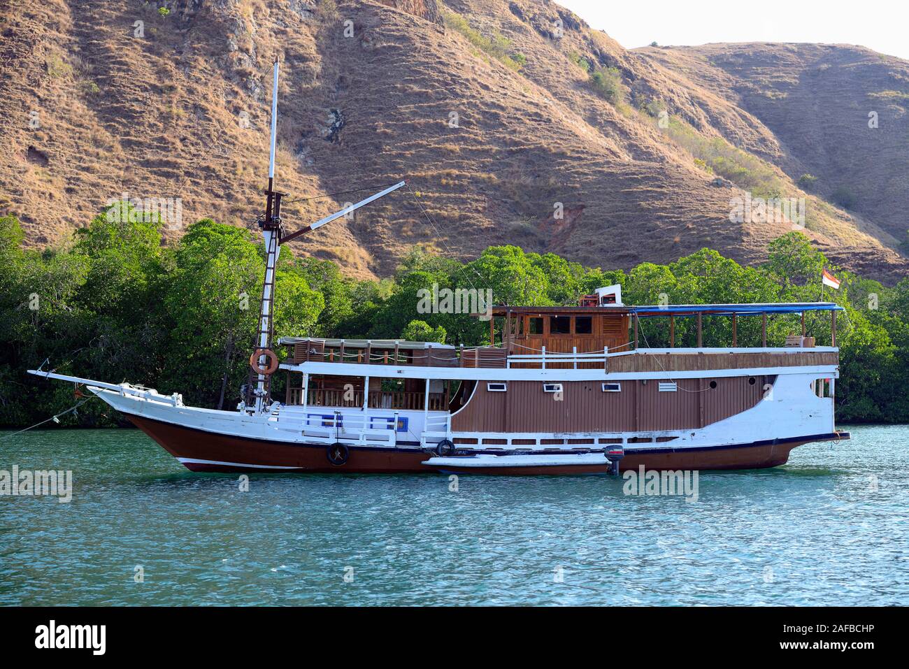 Typisches Touristenschiff ankert vor der Insel Rinca, Komodo Nationalpark, UNESCO Welterbe , Indonesien Foto Stock