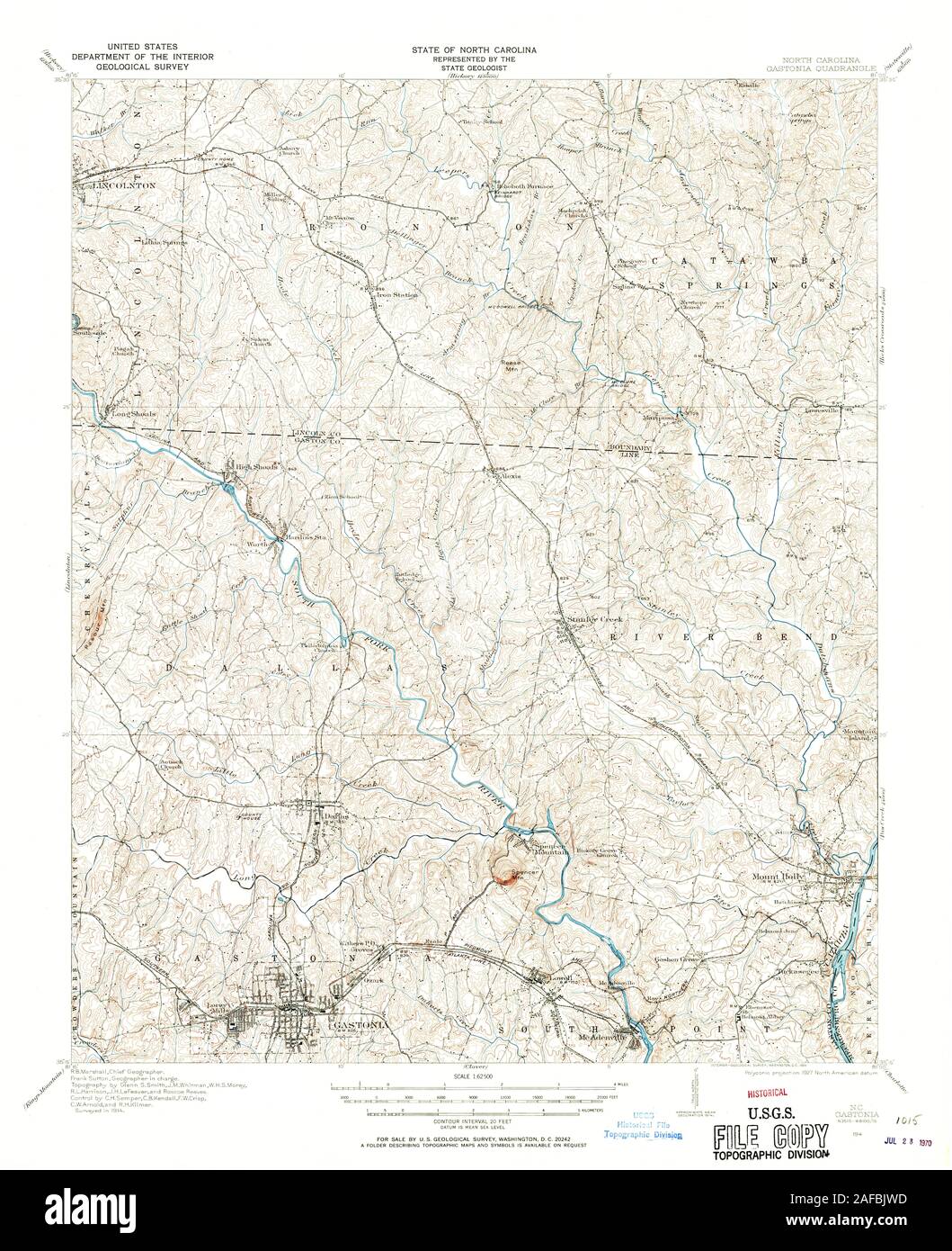 USGS TOPO Map North Carolina Gastonia NC 161461 1914 62500 Restauro Foto Stock