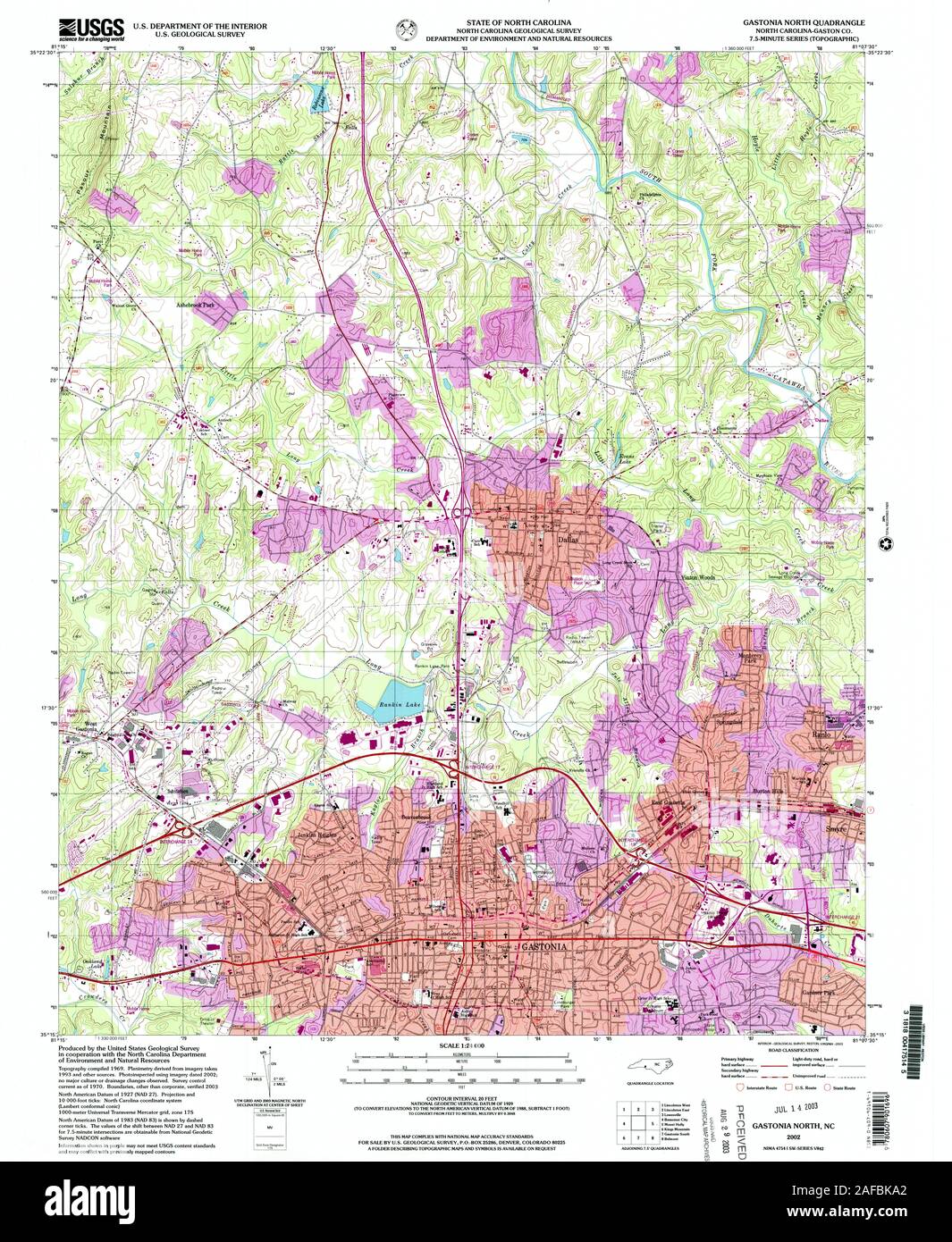 USGS TOPO Map North Carolina Gastonia NC 162062 Nord 2002 24000 Restauro Foto Stock