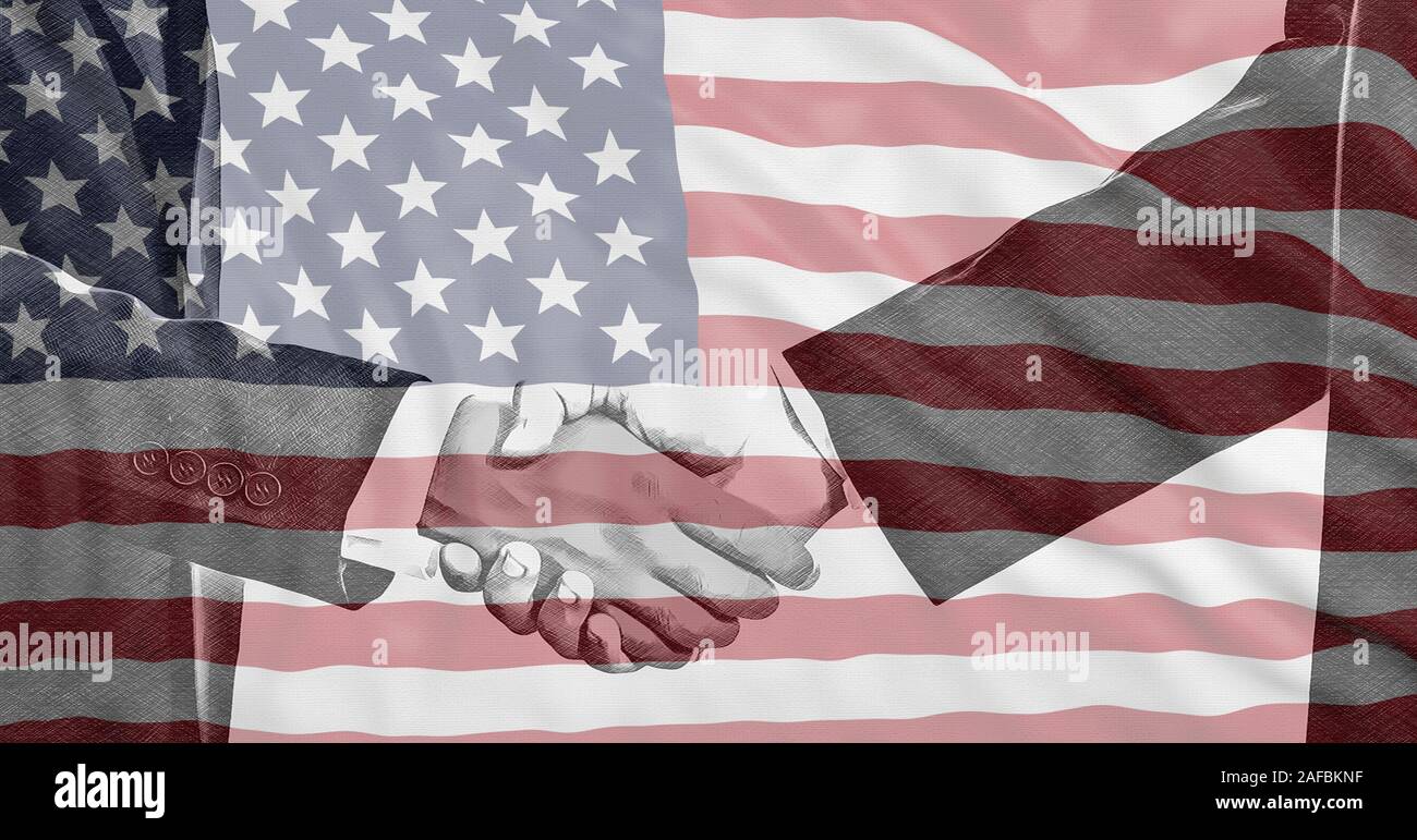 In bianco e nero di handshake ci sulla bandiera dello sfondo. MLK day, uguaglianza, concetto di accordo. Foto Stock