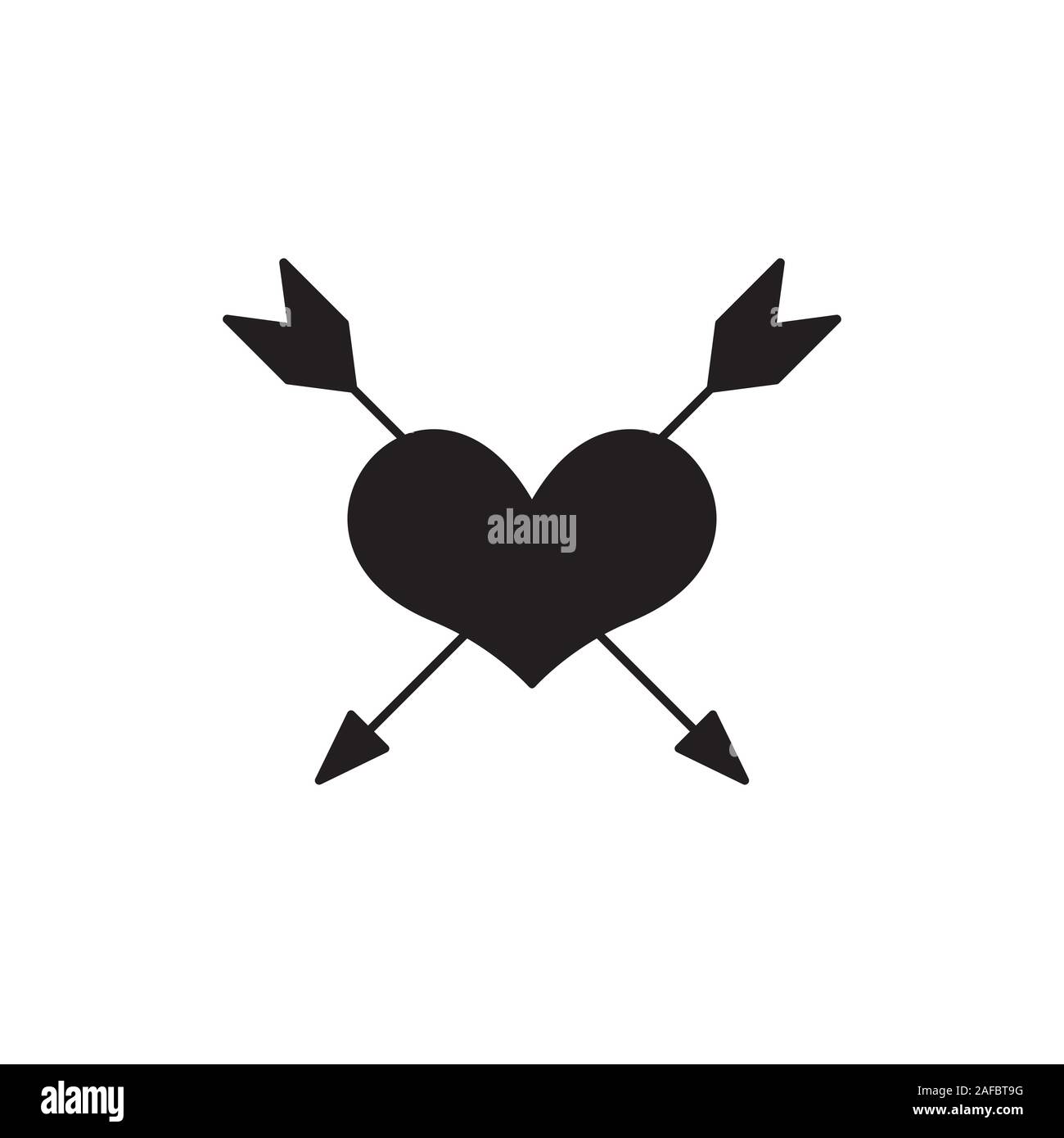 Cuore trafitto da un icona di frecce piatte. Simbolo nero illustrazione isolati su sfondo bianco. Elemento di romanticismo. Illustrazione Vettoriale, icona per amore, mer Illustrazione Vettoriale