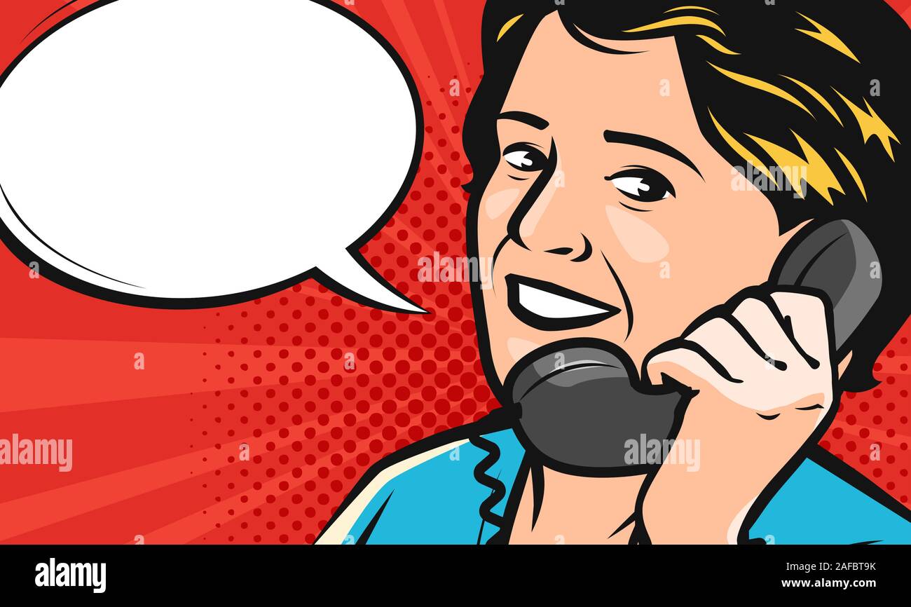 Bella giovane donna parla al telefono. Illustrazione vettoriale in stile pop art comic Illustrazione Vettoriale