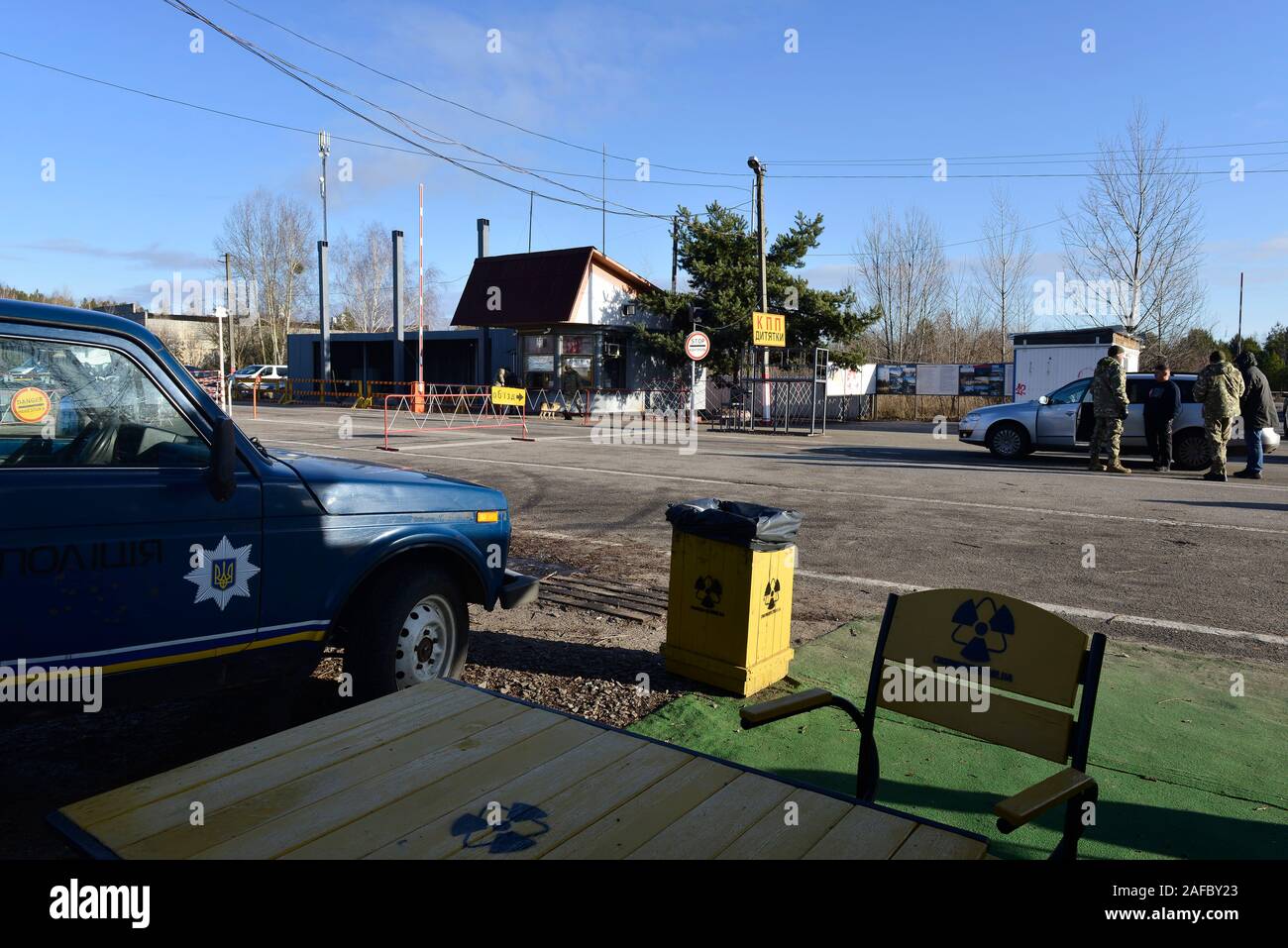 Ingresso della centrale di Cernobil Zona di esclusione al Checkpoint 'Dytyatky'. Chernobyl Zona di esclusione, Invankiv Raion, Oblast di Kiev, Ucraina, Europa orientale Foto Stock