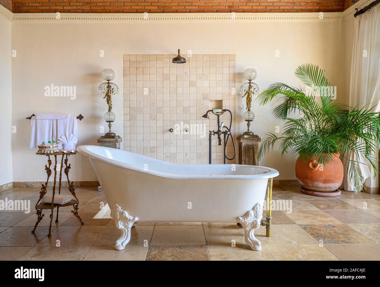 Vasca e doccia in Fiore Suite camera degli ospiti nella Casa di Kimberly, Puerto Vallarta, Jalisco, Messico. Foto Stock