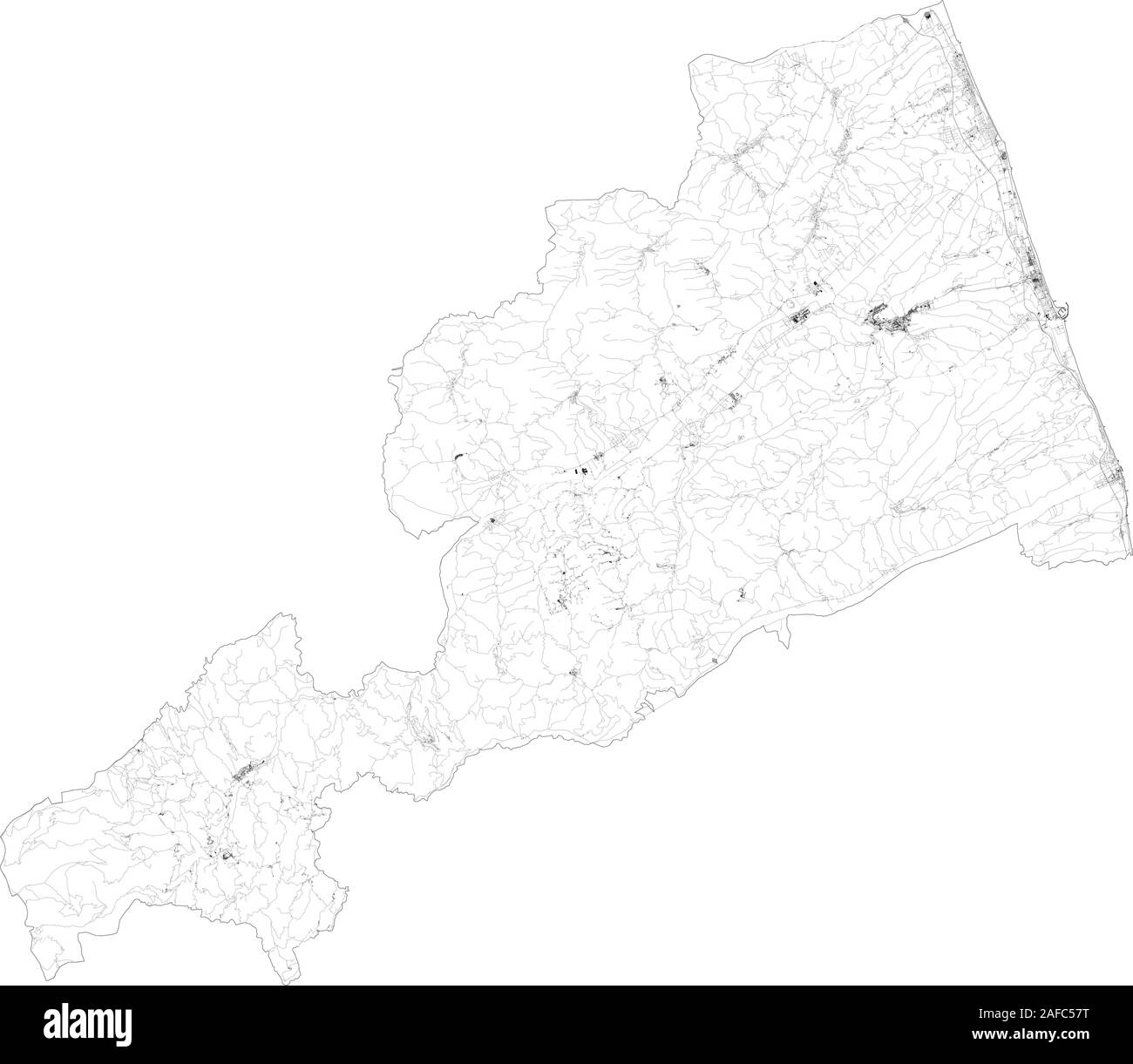 Mappa satellitare di provincia di Fermo città e strade, edifici e strade di collegamento delle aree circostanti. La regione Marche, Italia. Mappa strade, strade ad anello Illustrazione Vettoriale