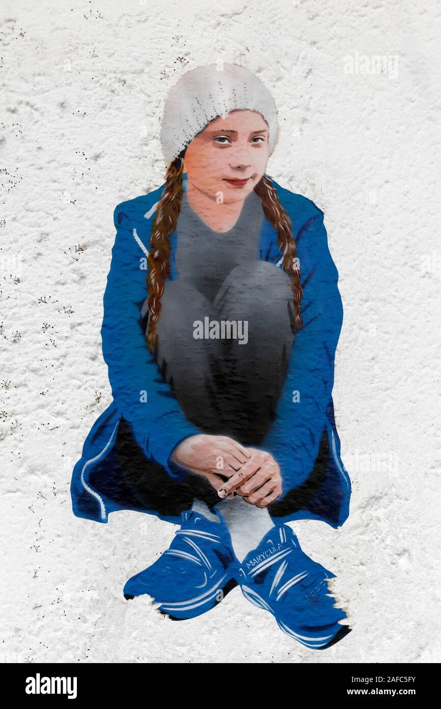 Greta Thunberg, clima svedese attivista, pasta-up di Marycula, Streetart, Duesseldorf, nella Renania settentrionale-Vestfalia, Germania Foto Stock