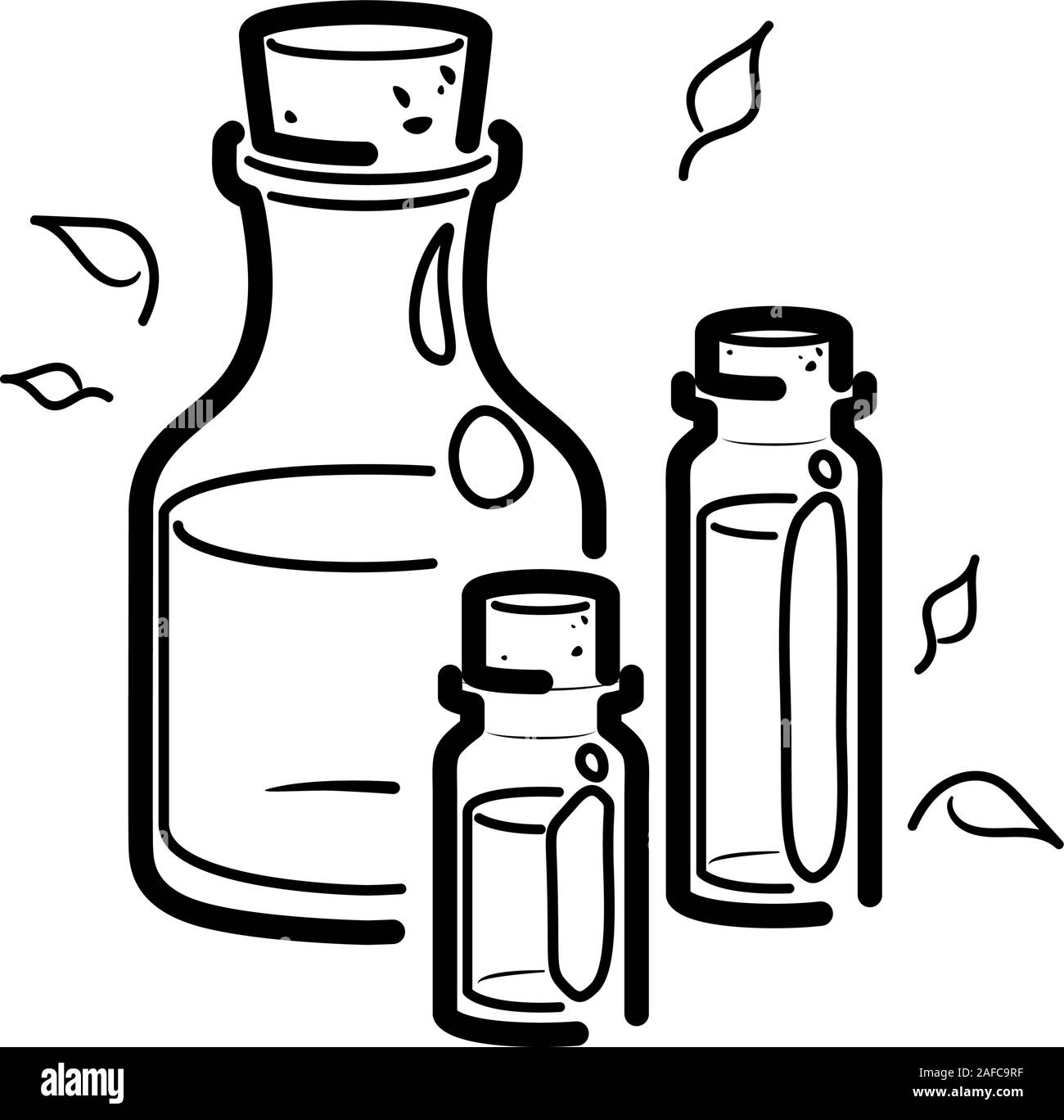 Linea Olio di massaggio di bellezza e spa salone. Fragranza essenziale aromaterapia. Profumo di benessere prodotto cosmetico. A base di erbe terapia alternativa concetto. Ayurveda pittogramma vettore isolato su sfondo bianco Illustrazione Vettoriale