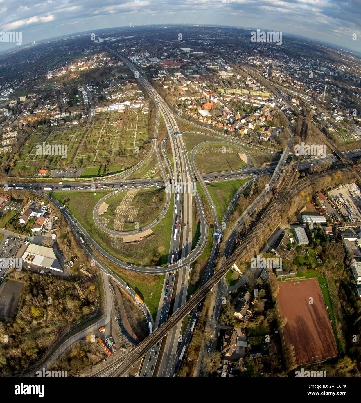 Foto aerea, giunzione autostradale Herne, traffico, traffico, autostrada A43, l'autostrada A42, carraio, uscita tunnel previsto orientamento, Baukau, Herne, R Foto Stock