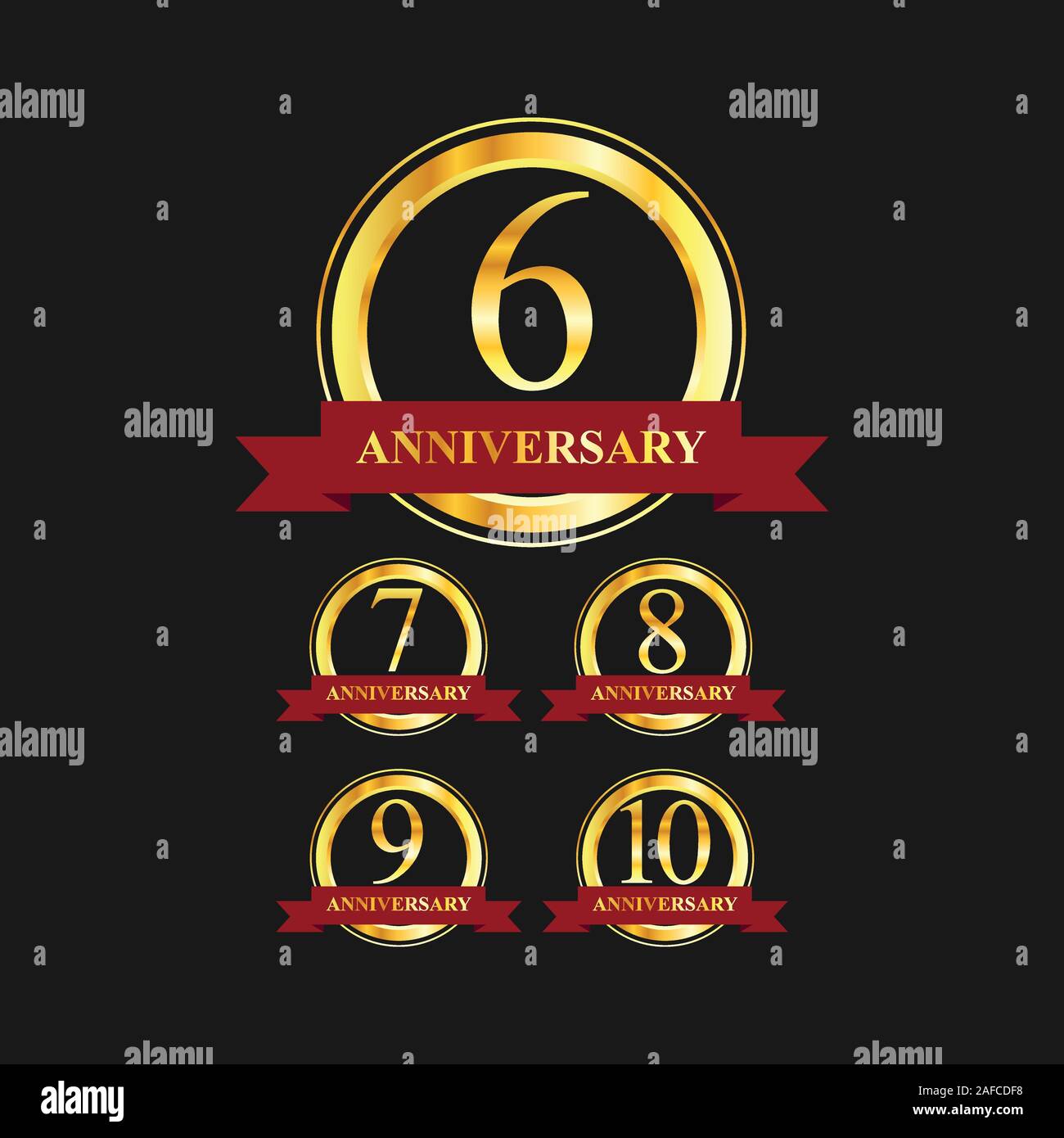 6 Al decimo anniversario etichetta oro immagine vettoriale. Golden Anniversary vettore etichetta logo design set Illustrazione Vettoriale