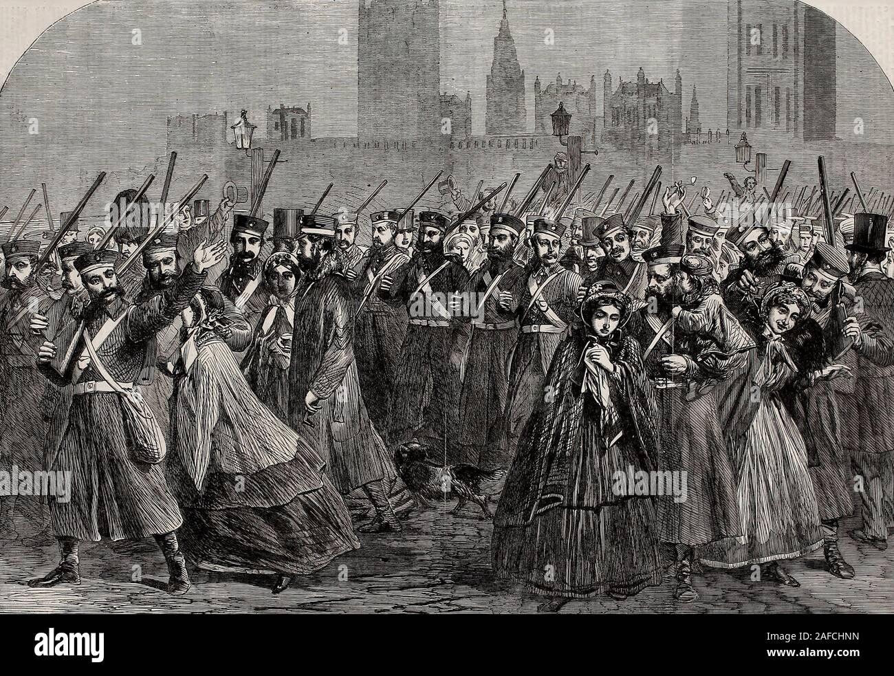 Rinforzi per il Canada - Le guardie crossing Westminster Bridge sul loro modo al Sud Stazione ferroviaria occidentale, Dicembre 1861 Foto Stock
