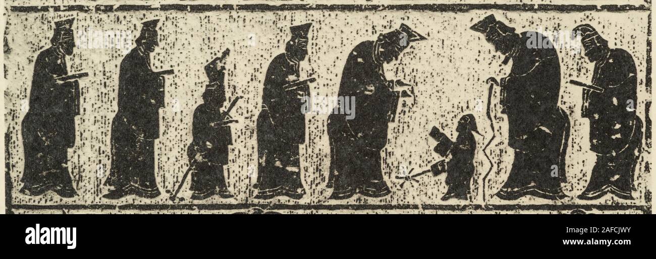 Dinastia Han ritratti in pietra dalla contea Jiaxiang,provincia di Shandong, scena di Confucio e i suoi discepoli incontrano Laozi. Foto Stock