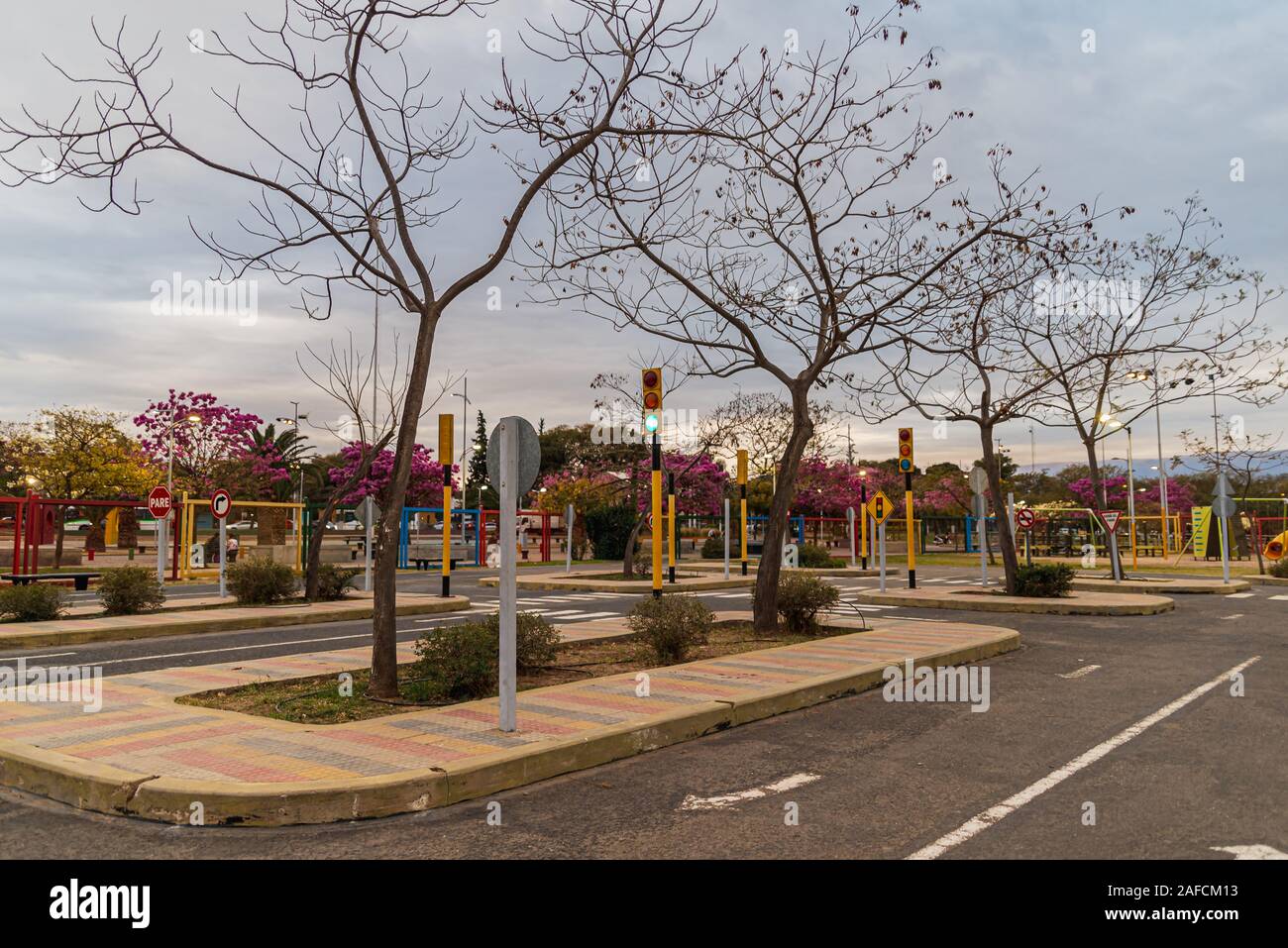 Unità di formazione per i bambini. Traffico esperienza educativa - area di esercitazione per i bambini. Mini auto road, segnaletica stradale e semaforo. Foto Stock