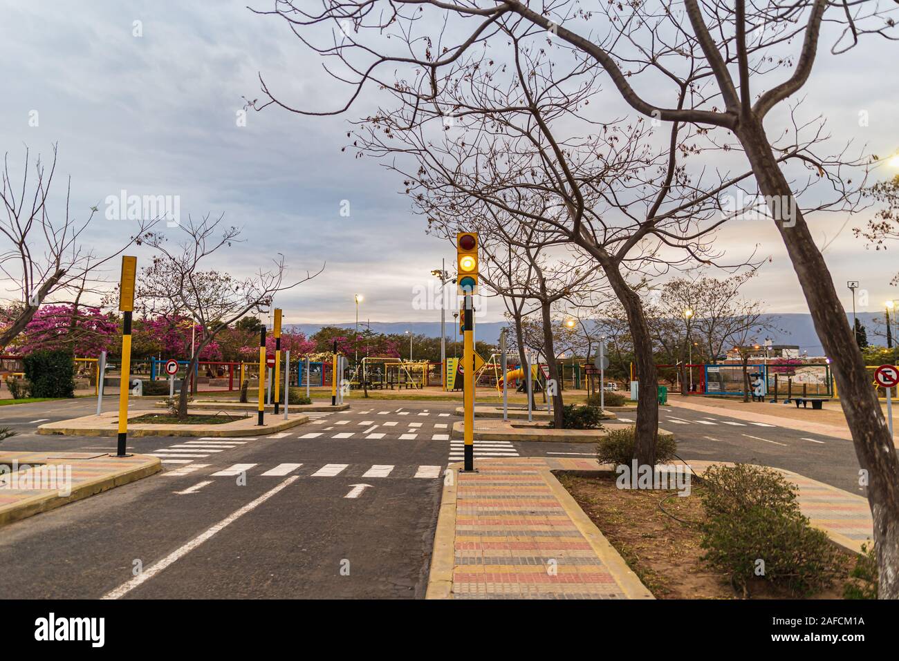 Unità di formazione per i bambini. Traffico esperienza educativa - area di esercitazione per i bambini. Mini auto road, segnaletica stradale e semaforo. Foto Stock