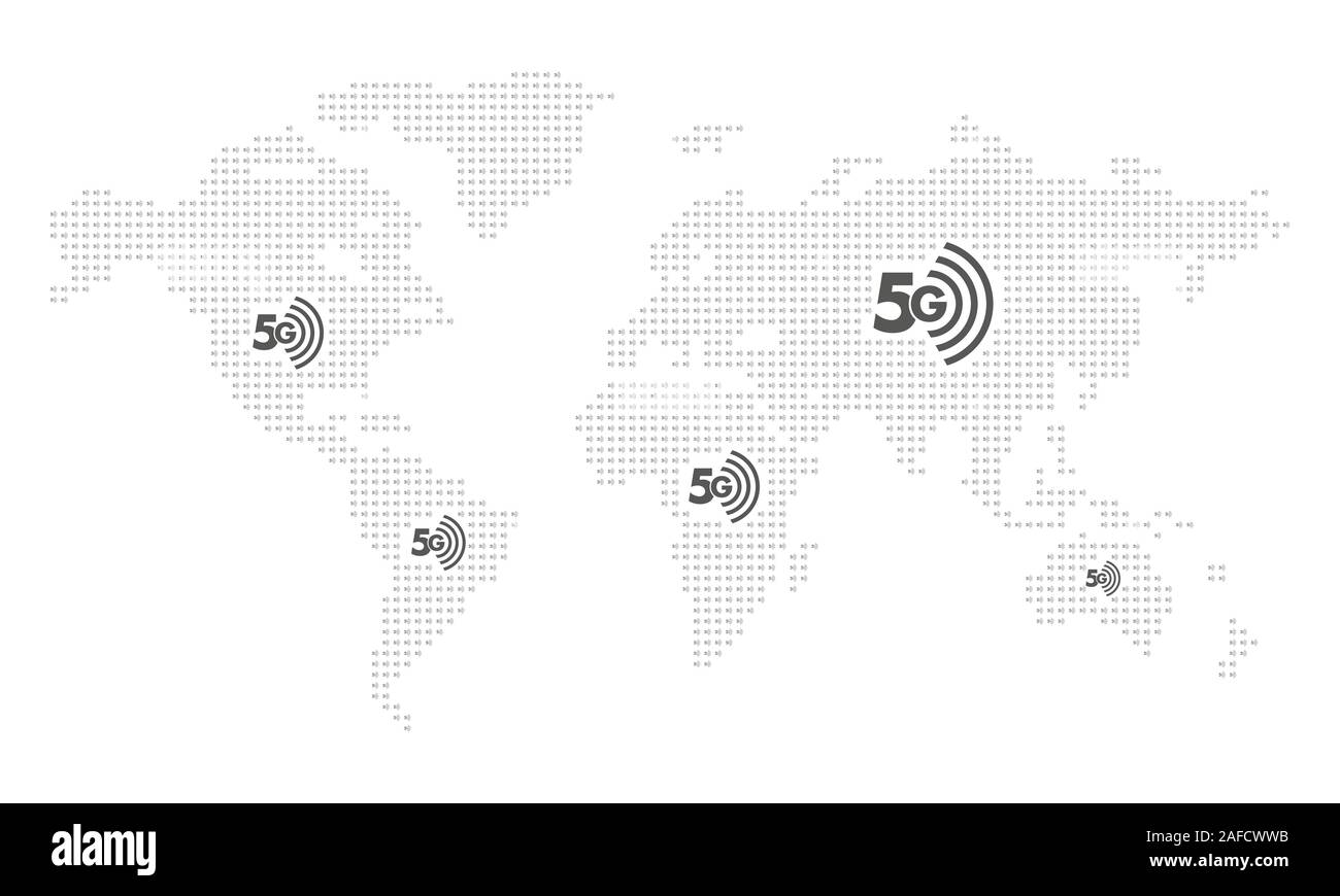 Punteggiato mappa Mondo connessione 5G il vettore isolato sfondo. Piano terra, grigio modello mappa per sito web pattern, relazione annuale, una infografica. Mappa di Viaggio Illustrazione Vettoriale
