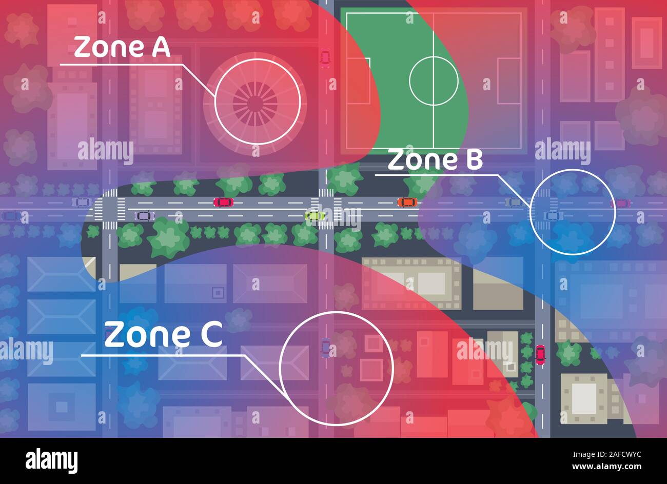 Cars driving road 5g la connessione internet concetto mappa della città con le strade e gli edifici in diverse zone di alto angolo di visione orizzontale illustrazione vettoriale Illustrazione Vettoriale