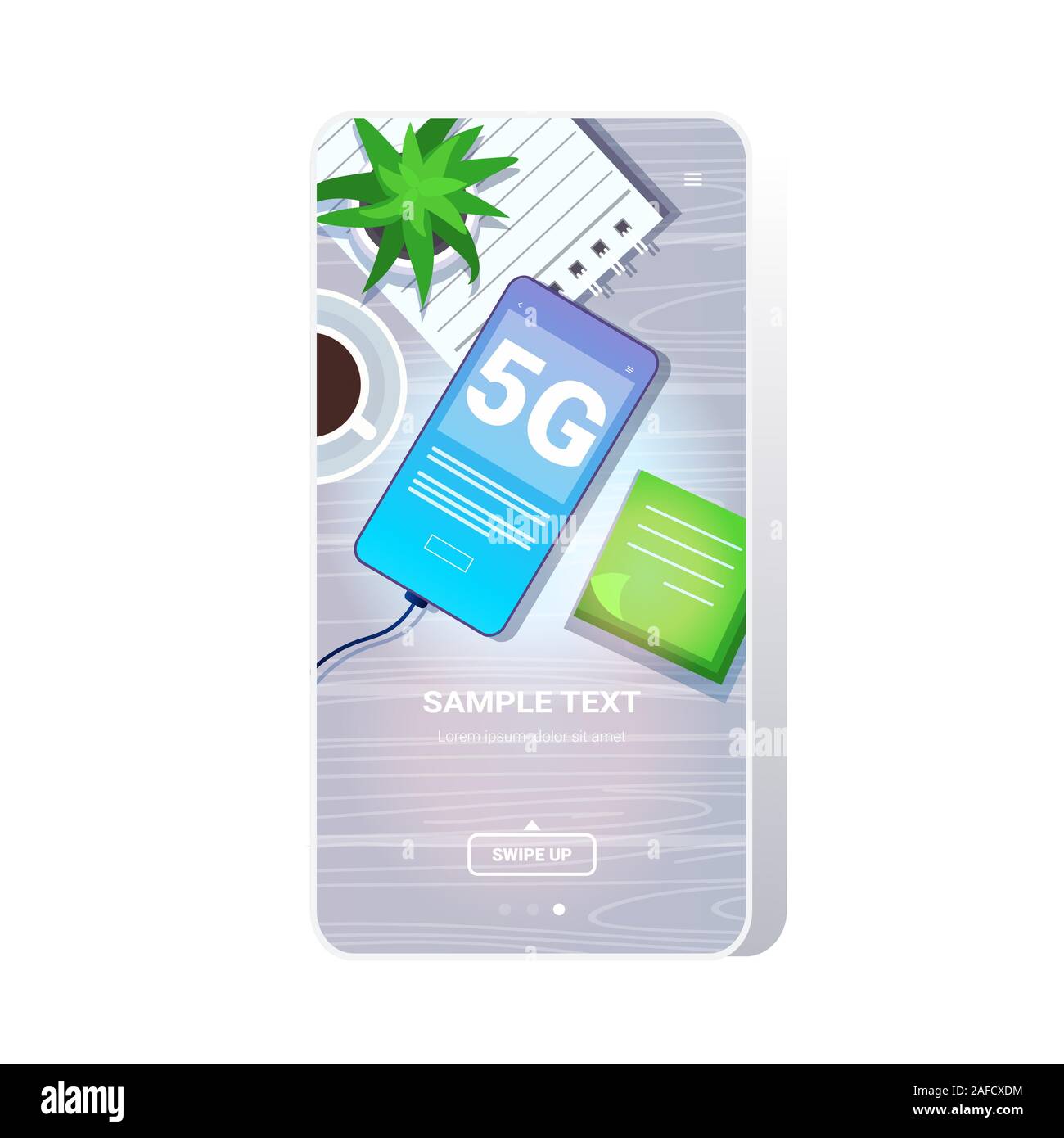 Il cellulare sul desktop 5G online la rete di comunicazione senza fili di connessione dei sistemi concetto quinta innovativa generazione di internet ad alta velocità angolo superiore visualizza lo schermo dello smartphone mobile app illustrazione vettoriale Illustrazione Vettoriale