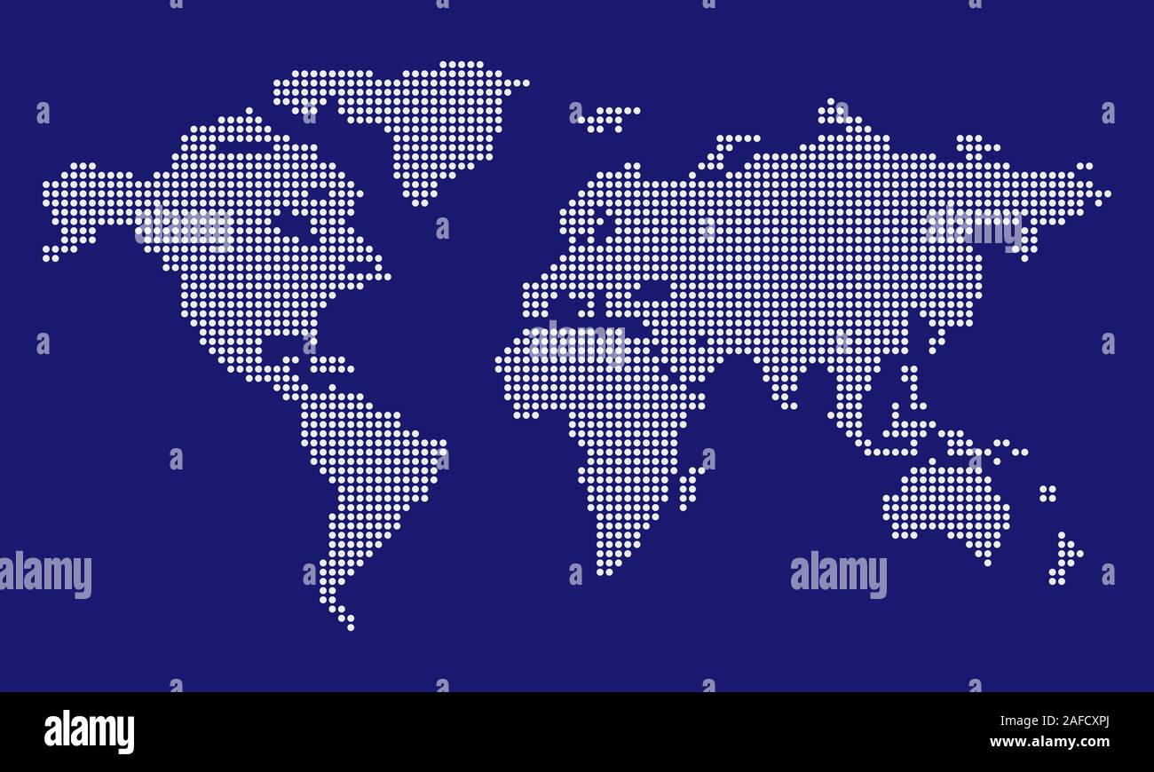 Mondo punteggiata mappa vettore, isolato sfondo. Piano terra, blu modello mappa per sito web pattern, relazione annuale, una infografica. Viaggi in tutto il mondo le mappe. Illustrazione Vettoriale