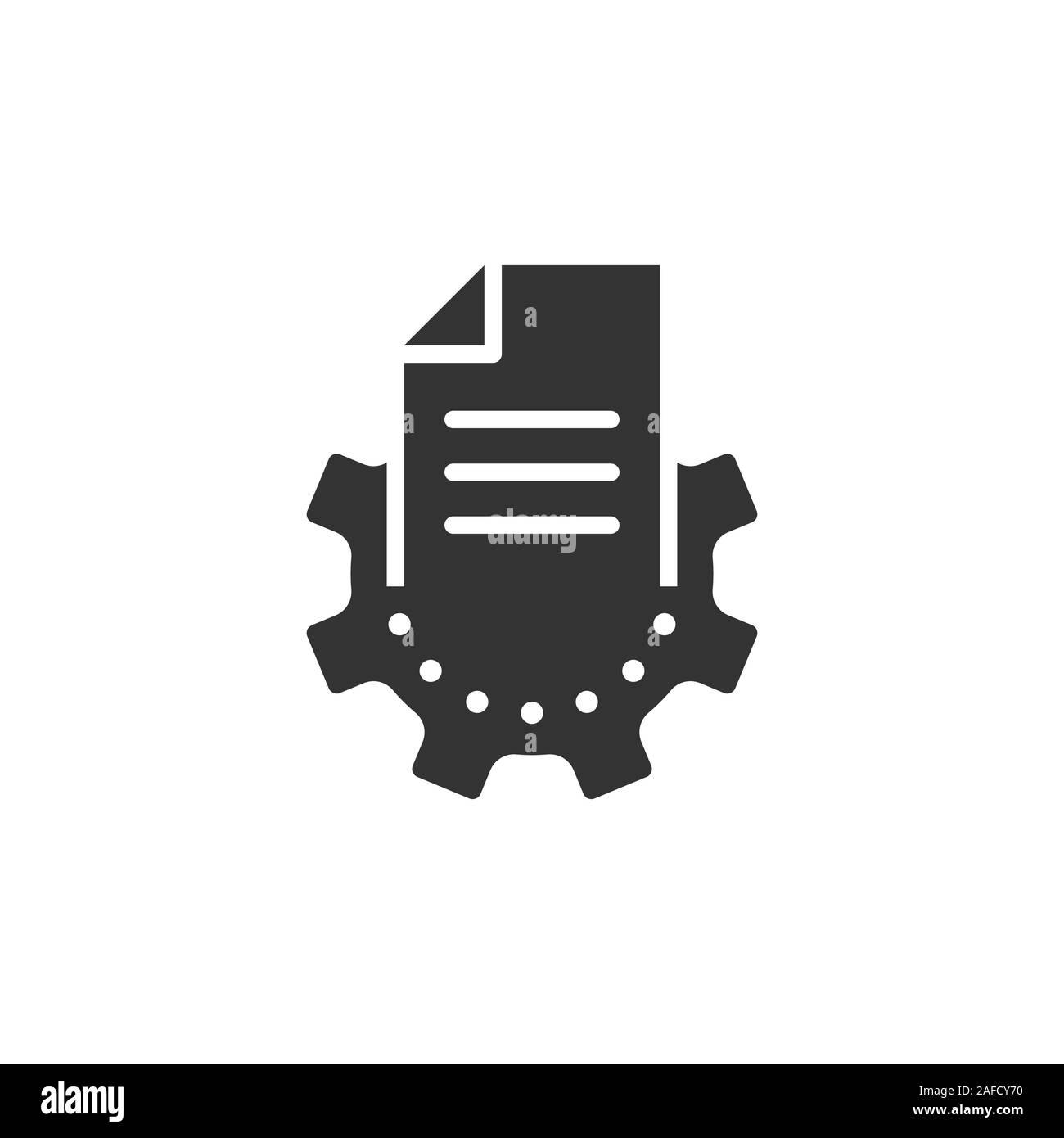 Documento con icona a forma di ingranaggio in stile appartamento. Grande elaborazione dati illustrazione vettoriale bianco su sfondo isolato. Foglio di carta la soluzione software business co Illustrazione Vettoriale