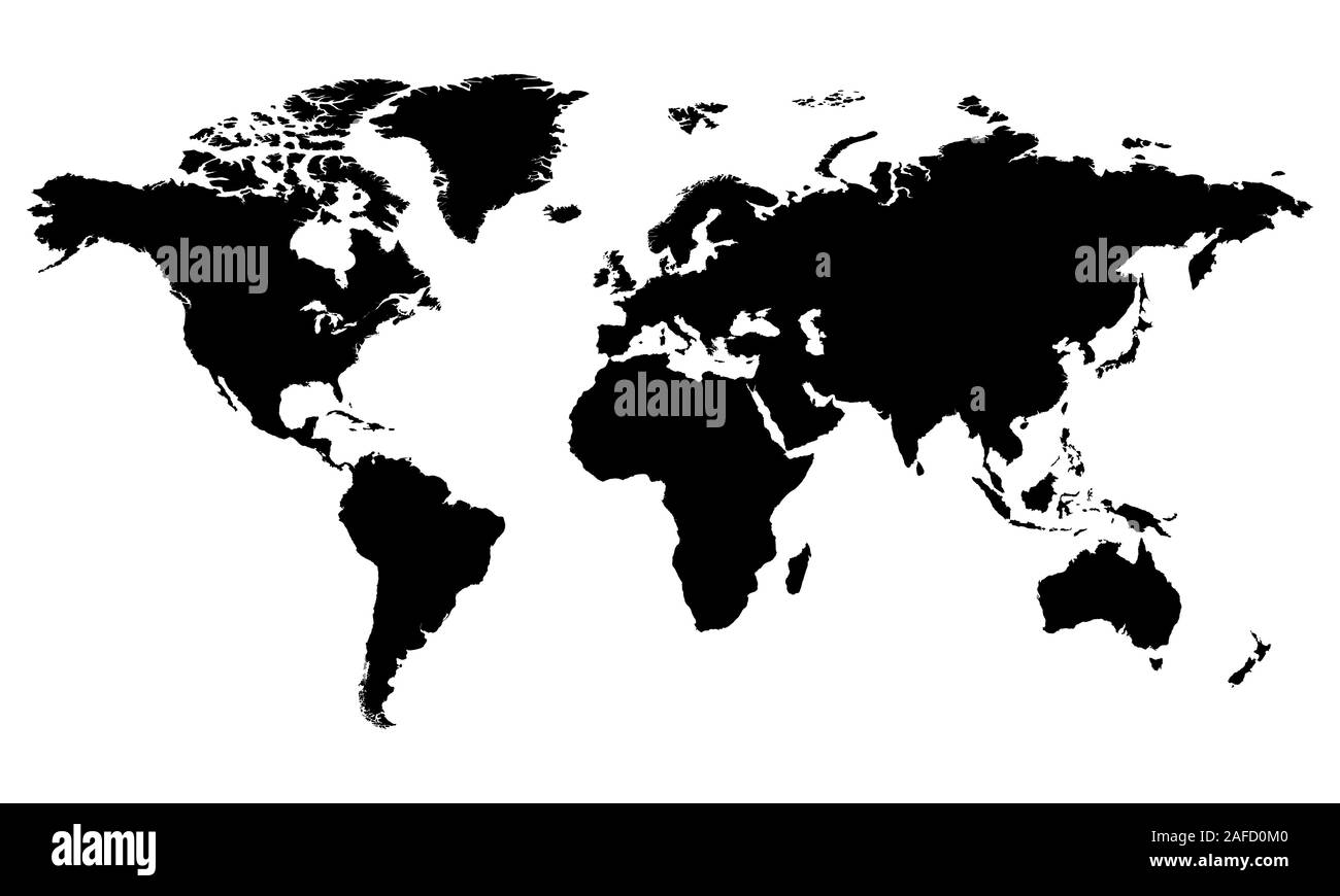 Nero vuota come una mappa del mondo su uno sfondo bianco. Mondo monocromatico Mappa template vettoriale per sito, design, coperchio, relazioni annuali, infographics. Fla Illustrazione Vettoriale