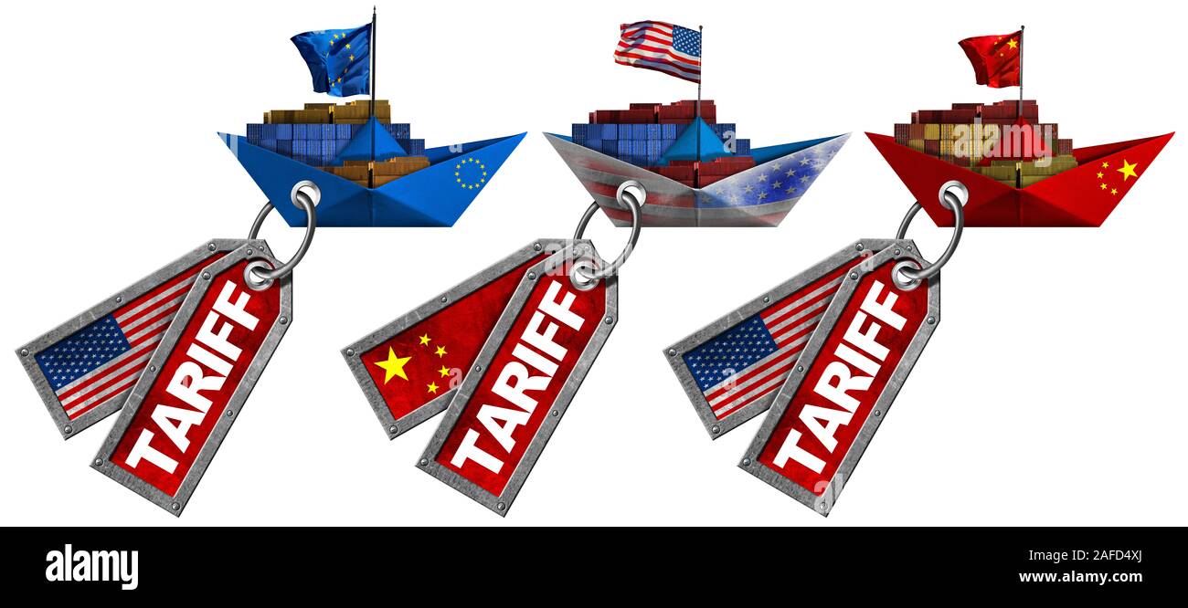 Stati Uniti d'America, Cina e Unione Europea guerra commerciale concetto. Tre contenitore di carico di navi con bandiere nazionali e tariffe in metallo etichette, isolati su sfondo bianco Foto Stock