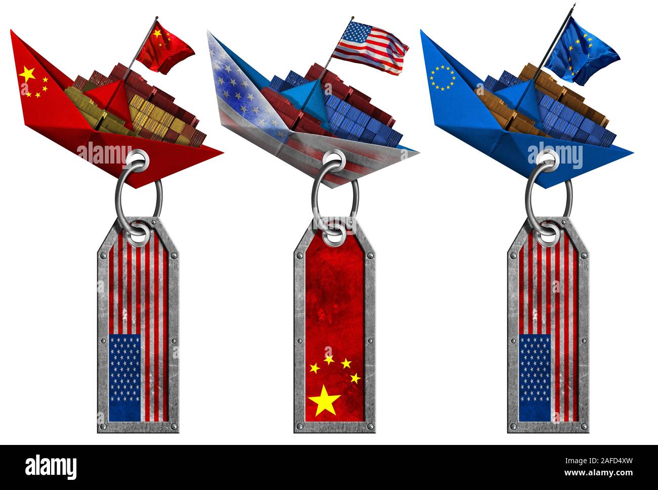 Stati Uniti d'America, Cina e Unione Europea guerra commerciale concetto. Tre contenitore di carico di navi con bandiere nazionali e i tag di metallo, isolato su sfondo bianco Foto Stock