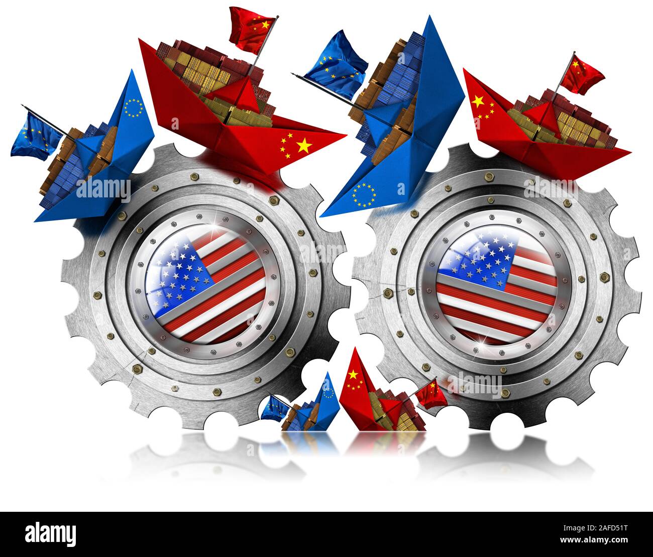 Stati Uniti d'America, Cina e Unione Europea guerra commerciale concetto. Noi marce crush cinese ed europea di navi portacontainer, isolato su sfondo bianco, illustrazione e ph Foto Stock