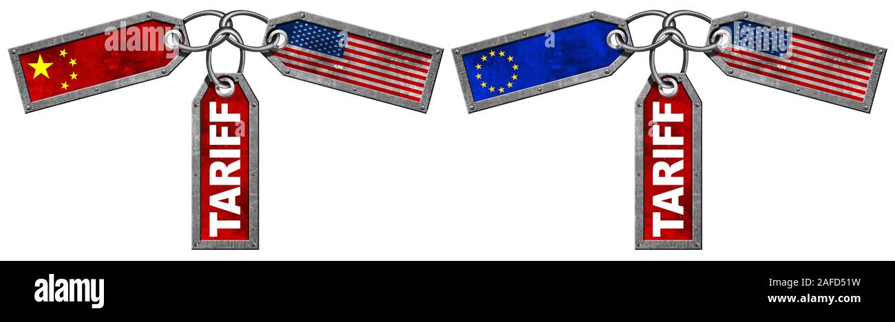 Stati Uniti d'America, Cina e Unione Europea guerra commerciale concetto. Etichette metallico con bandiere e testo tariffa, isolati su sfondo bianco, 3D illustrazione e foto Foto Stock