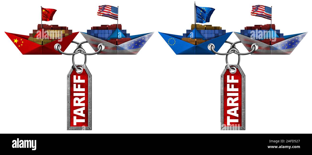 Stati Uniti d'America, Cina e Unione Europea guerra commerciale concetto. Tre contenitore di carico di navi con bandiere nazionali e tariffa metallici etichette, isolato su bianco Foto Stock