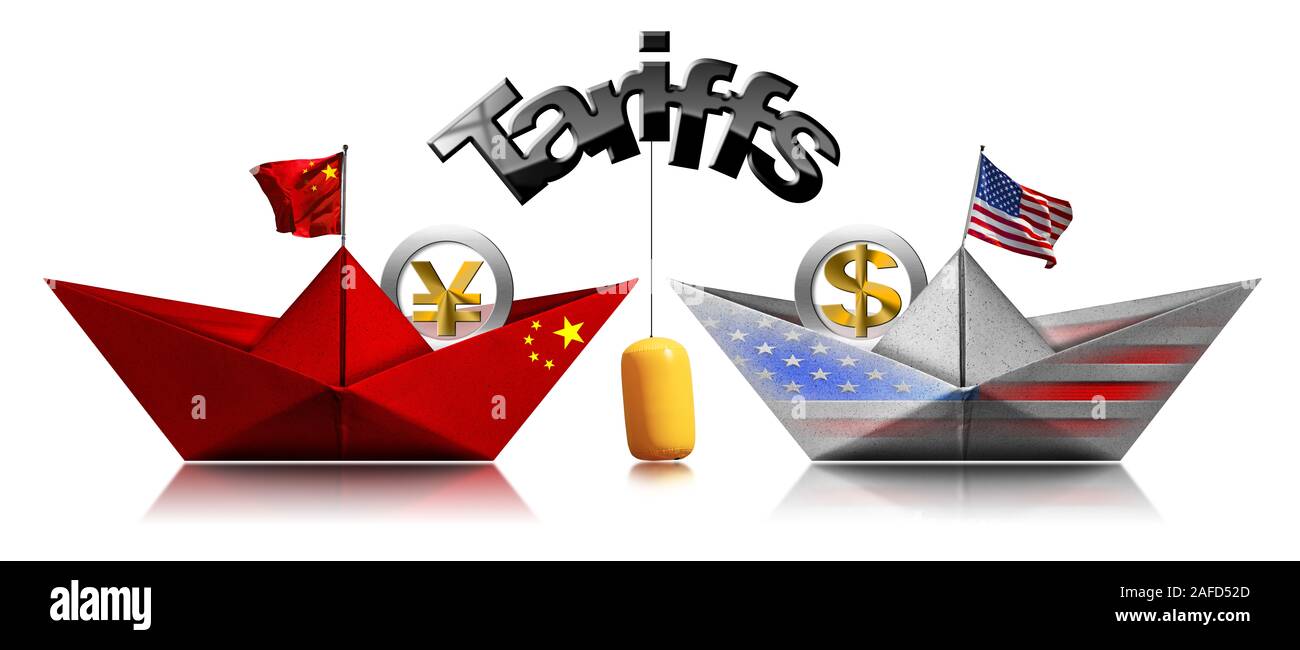 Stati Uniti e Cina guerra commerciale concetto. Due barche di carta con le bandiere nazionali e i simboli di valuta e la boa gialla con tariffe di testo. Isolato su bianco Foto Stock