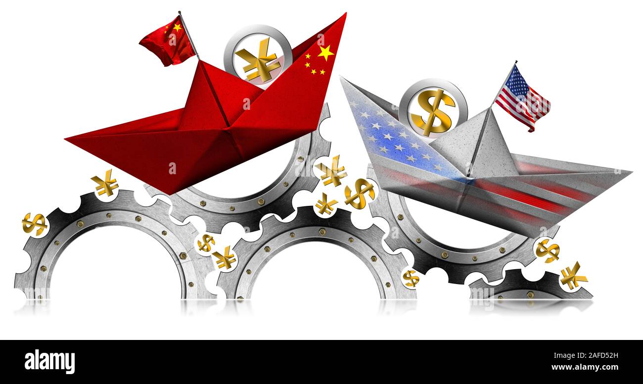 Stati Uniti e Cina guerra commerciale concetto. Due barche di carta con le bandiere nazionali e i simboli di valuta con ruote dentate, isolato su sfondo bianco, illustrazione e ph Foto Stock