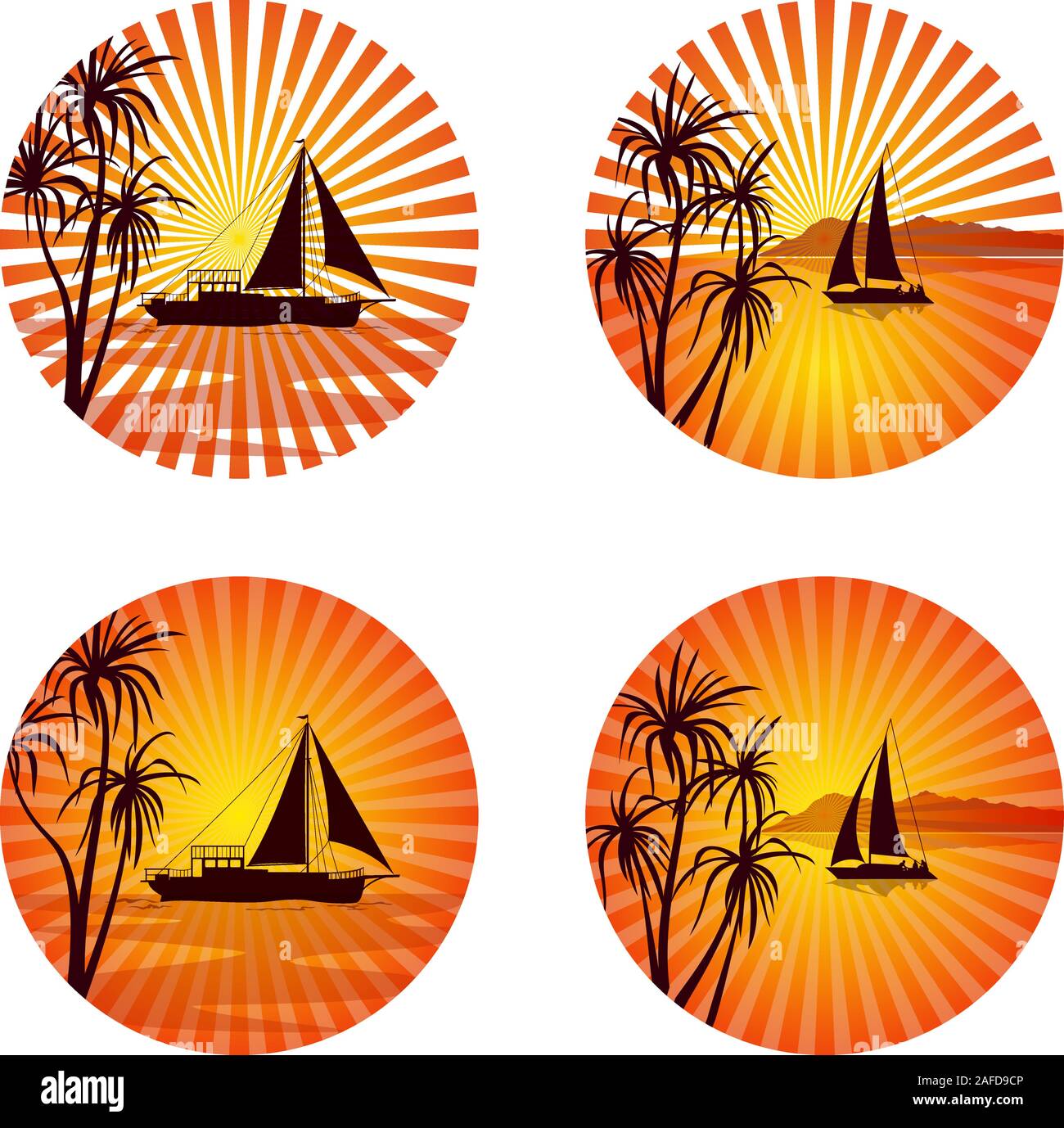 Icone, logo o etichette, paesaggio tropicale con navi e palme esotiche alberi sagome sul cerchio con sfondo arancione e giallo sole travi. Vettore Illustrazione Vettoriale