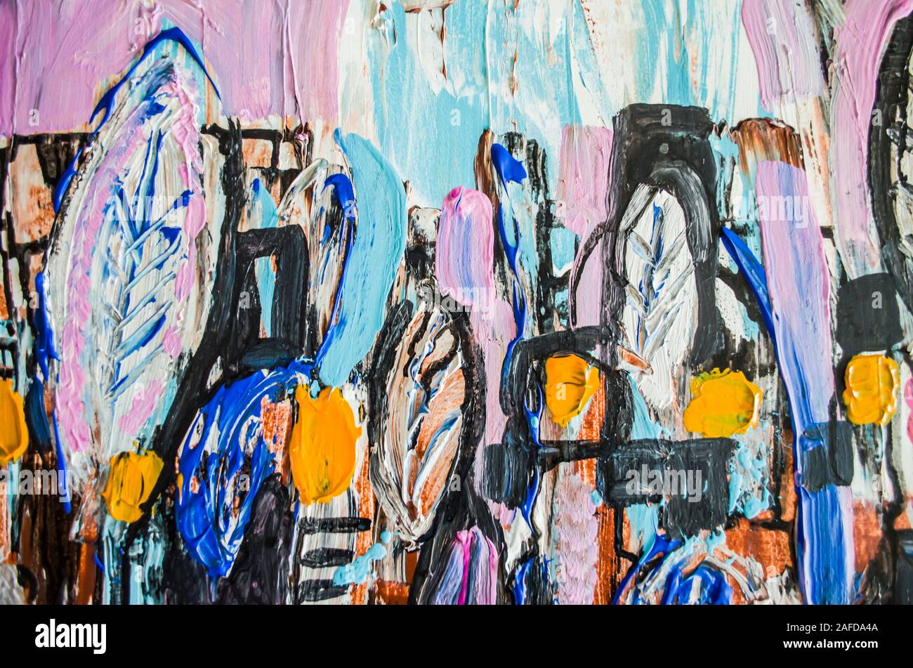 Disegnata a mano di pittura acrilica. L'arte astratta sfondo. Pittura Acrilica su tela di canapa. Colore e struttura. Frammento di opere d'arte. Pennellate di vernice. Ar moderno Foto Stock