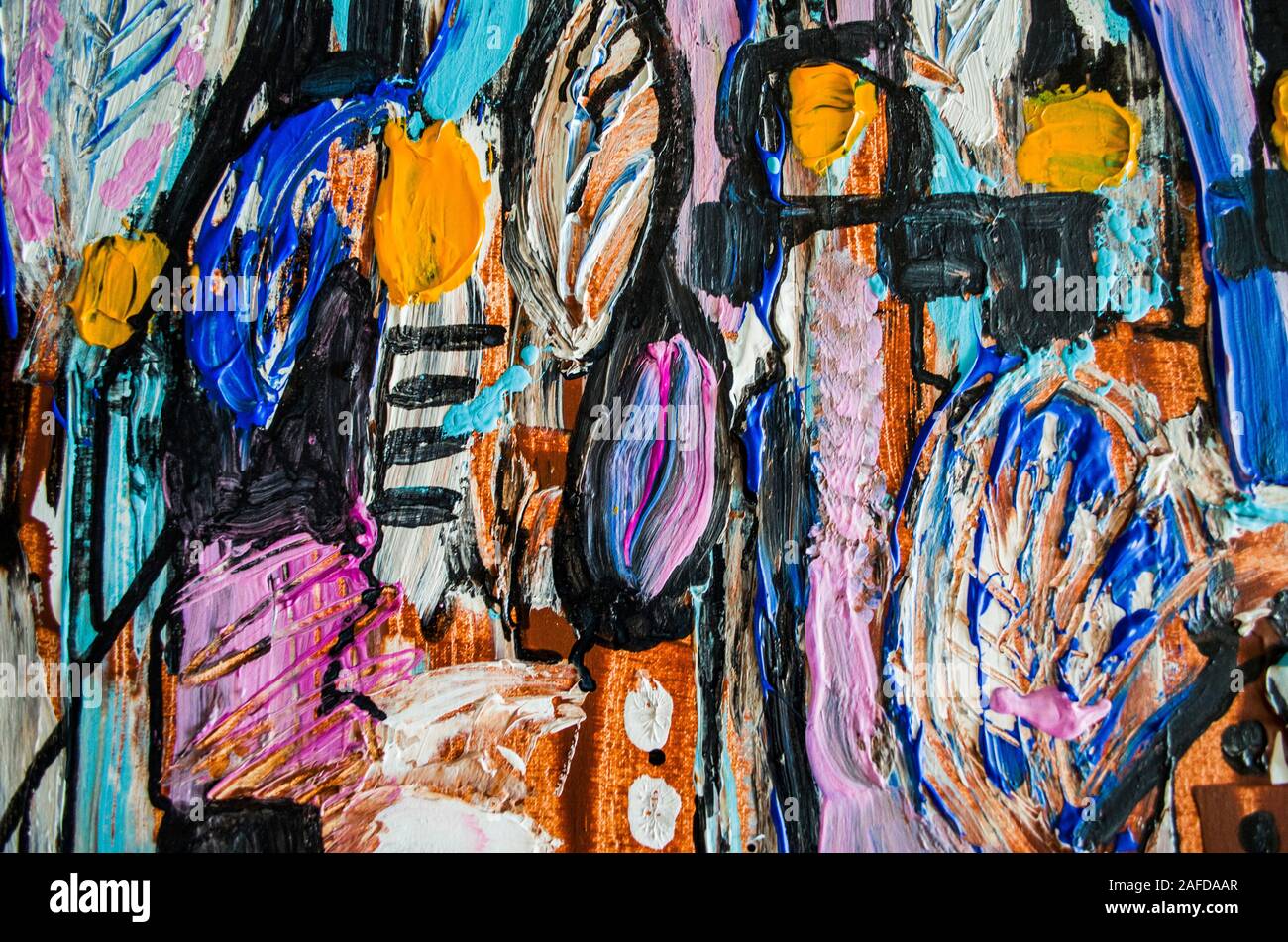 Disegnata a mano di pittura acrilica. L'arte astratta sfondo. Pittura Acrilica su tela di canapa. Colore e struttura. Frammento di opere d'arte. Pennellate di vernice. Ar moderno Foto Stock
