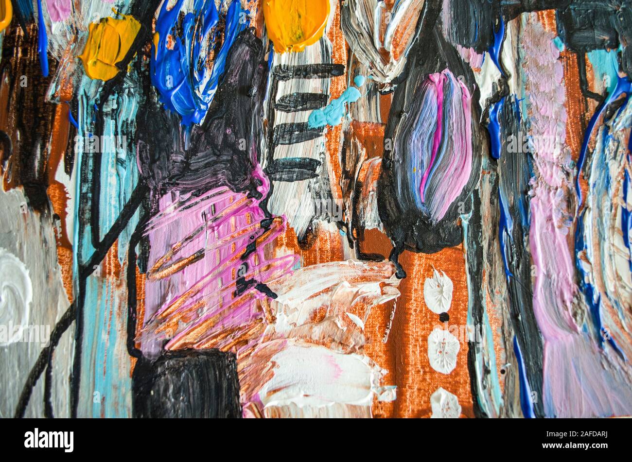 Disegnata a mano di pittura acrilica. L'arte astratta sfondo. Pittura Acrilica su tela di canapa. Colore e struttura. Frammento di opere d'arte. Pennellate di vernice. Ar moderno Foto Stock