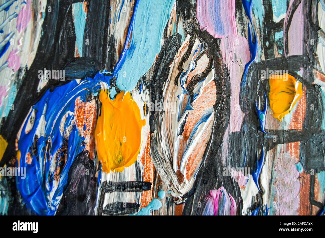 Disegnata a mano di pittura acrilica. L'arte astratta sfondo. Pittura Acrilica su tela di canapa. Colore e struttura. Frammento di opere d'arte. Pennellate di vernice. Ar moderno Foto Stock