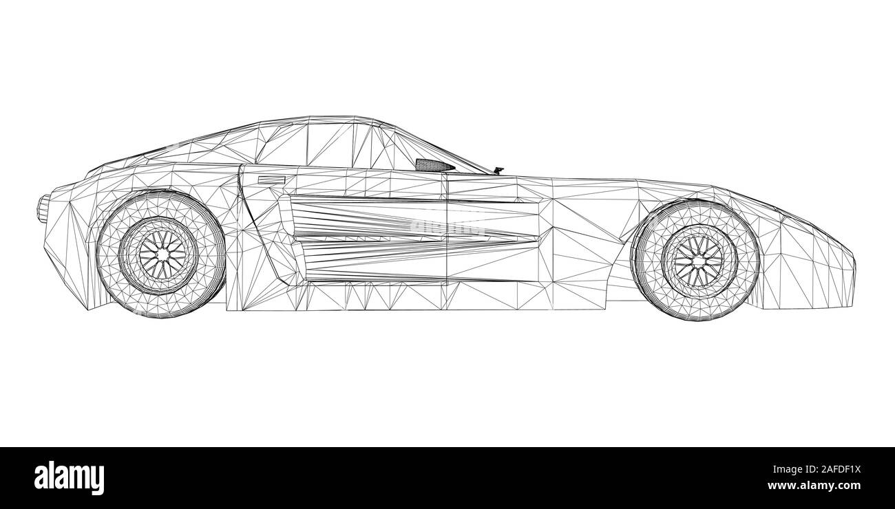 Wireframe di una vettura sportiva isolata su uno sfondo bianco. Vista laterale. Illustrazione Vettoriale. Illustrazione Vettoriale
