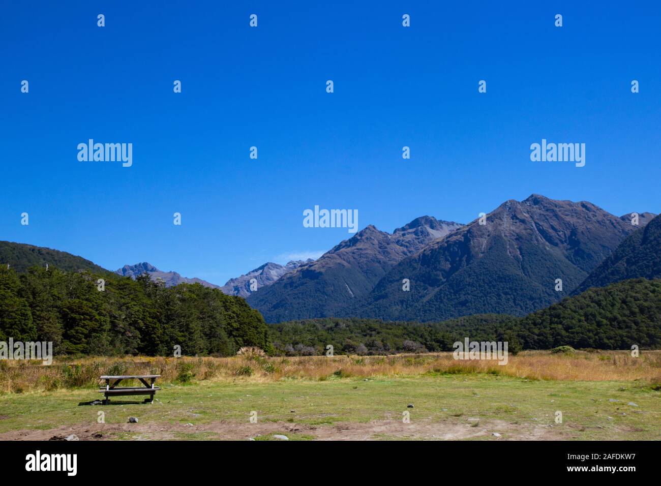 Tavolo da picnic nel Parco Nazionale di Fiordland, Triangolo Peak Foto Stock