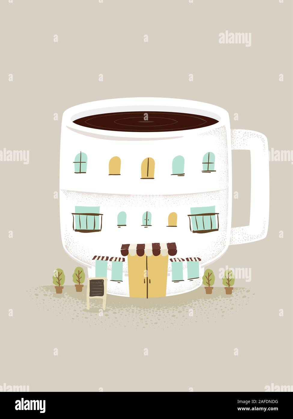 Illustrazione di una Caffetteria Negozio costruito come una tazza di caffè edificio con porte e finestre Foto Stock