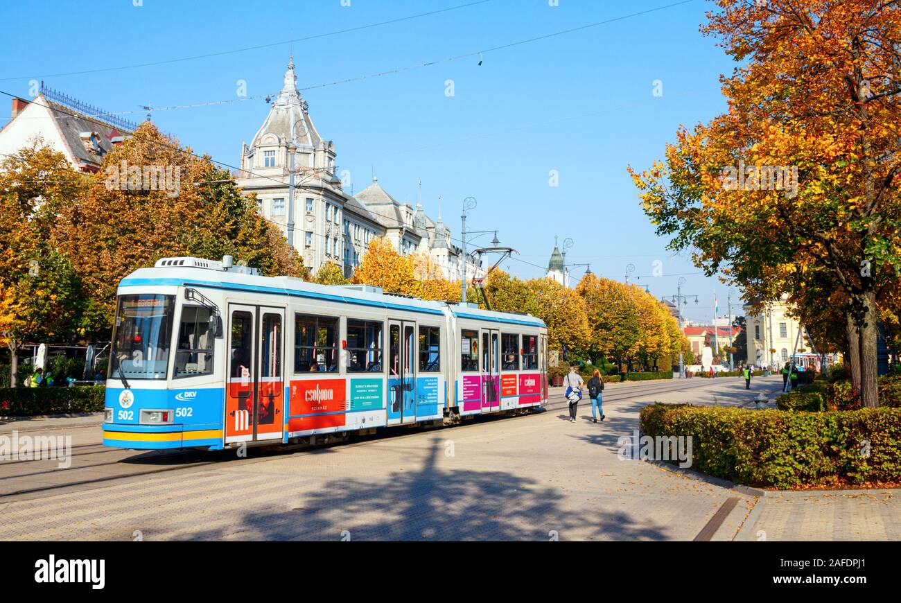 Il Piac u. (Street) con un lasciando il tram e gli alberi in autunno colori in una giornata di sole. Debrecen, Ungheria Foto Stock