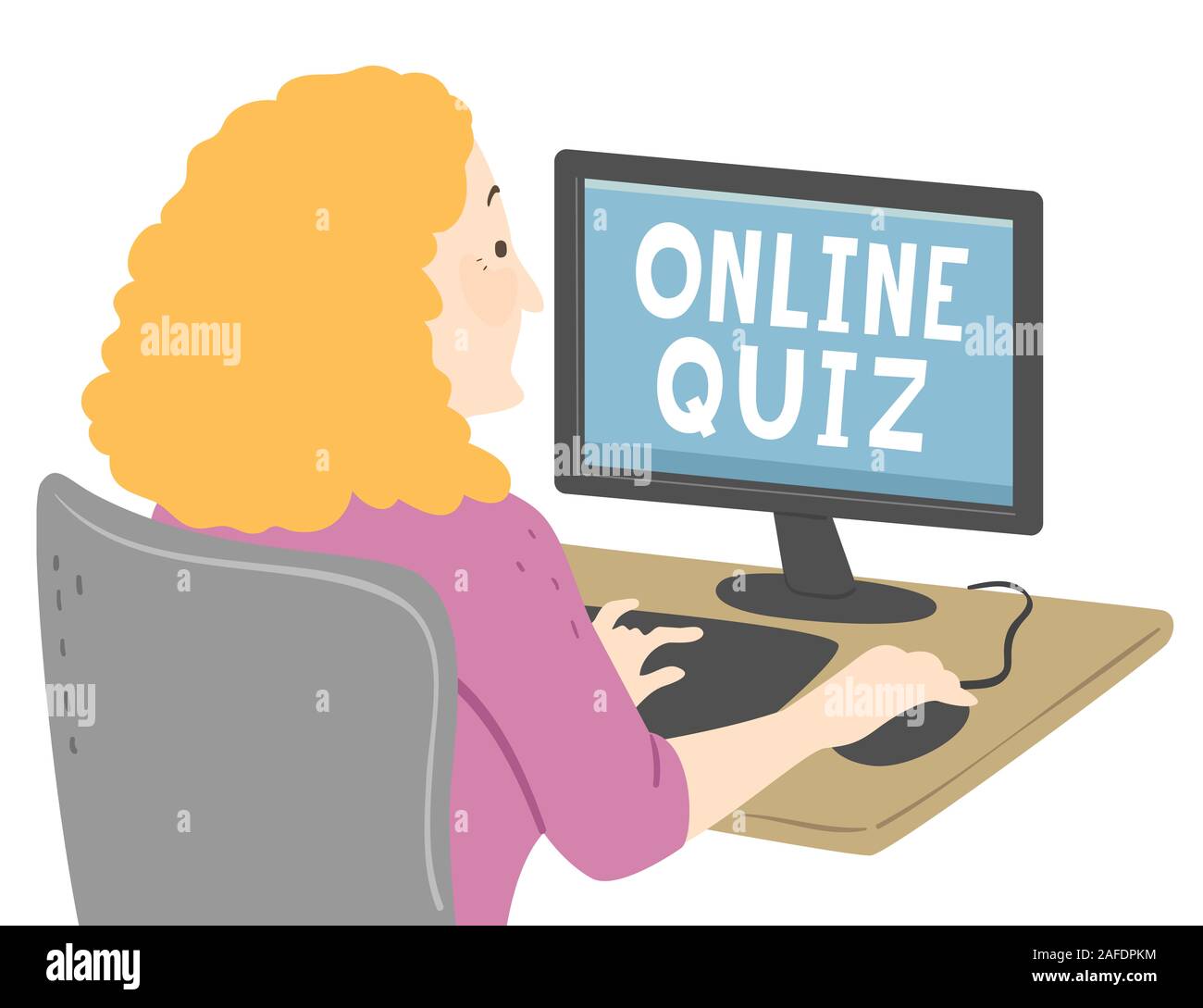 Illustrazione di una donna Senior utilizzando il computer e prendendo un quiz online Foto Stock