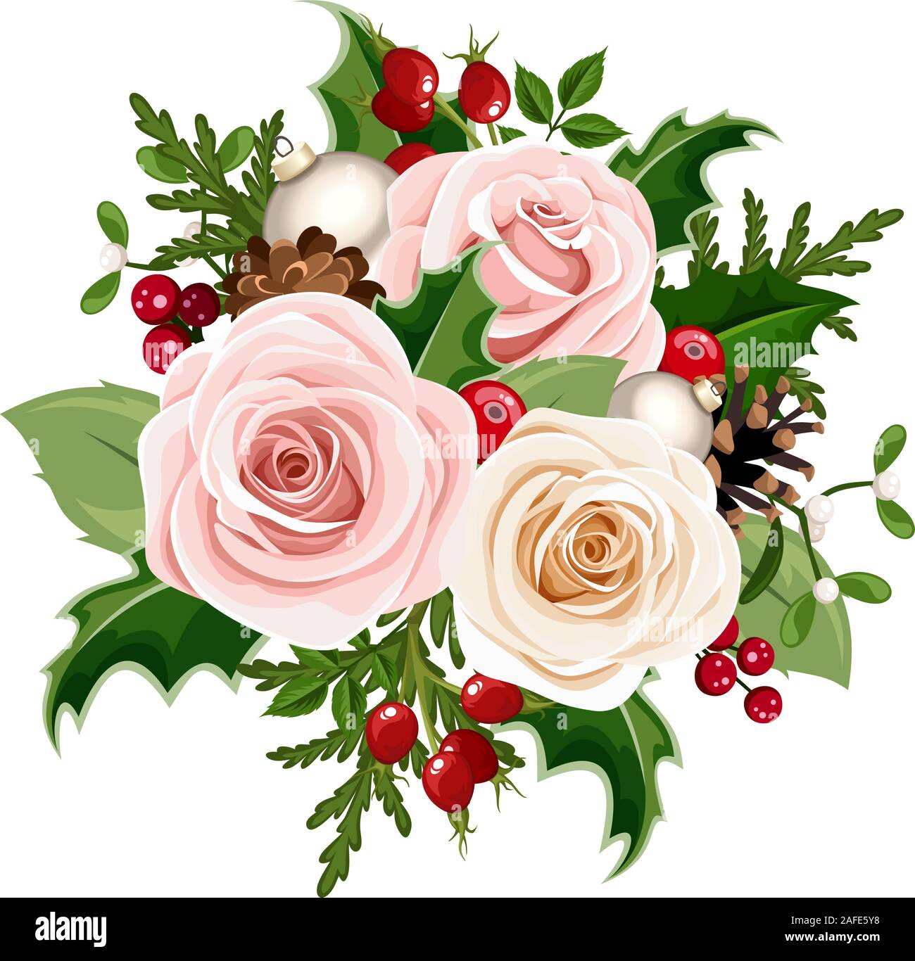 Vector bouquet di Natale con rose rosa e bianche, palle, frutti di bosco di rose, rami di oly, abete e coni isolati su sfondo bianco. Illustrazione Vettoriale