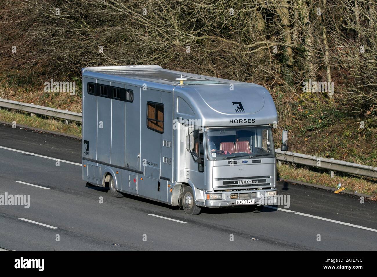 Iveco van per cavalli la guida sulla M61 Autostrada vicino a Manchester, Regno Unito Foto Stock