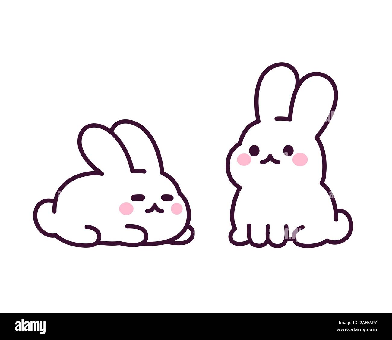 Due Cartoon carino conigli bianchi, semplice disegno. Kawaii Easter Bunny clip-art vettoriali illustrazione. Illustrazione Vettoriale