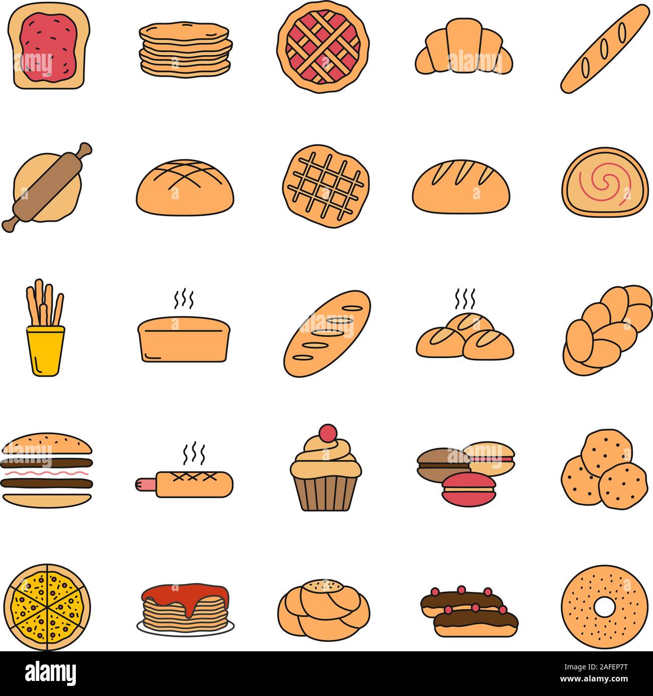 Panificio icona di colore. La pasticceria. Pasticceria. Pane, panini, biscotti, macaron, frittelle. Isolato illustrazione vettoriale Illustrazione Vettoriale