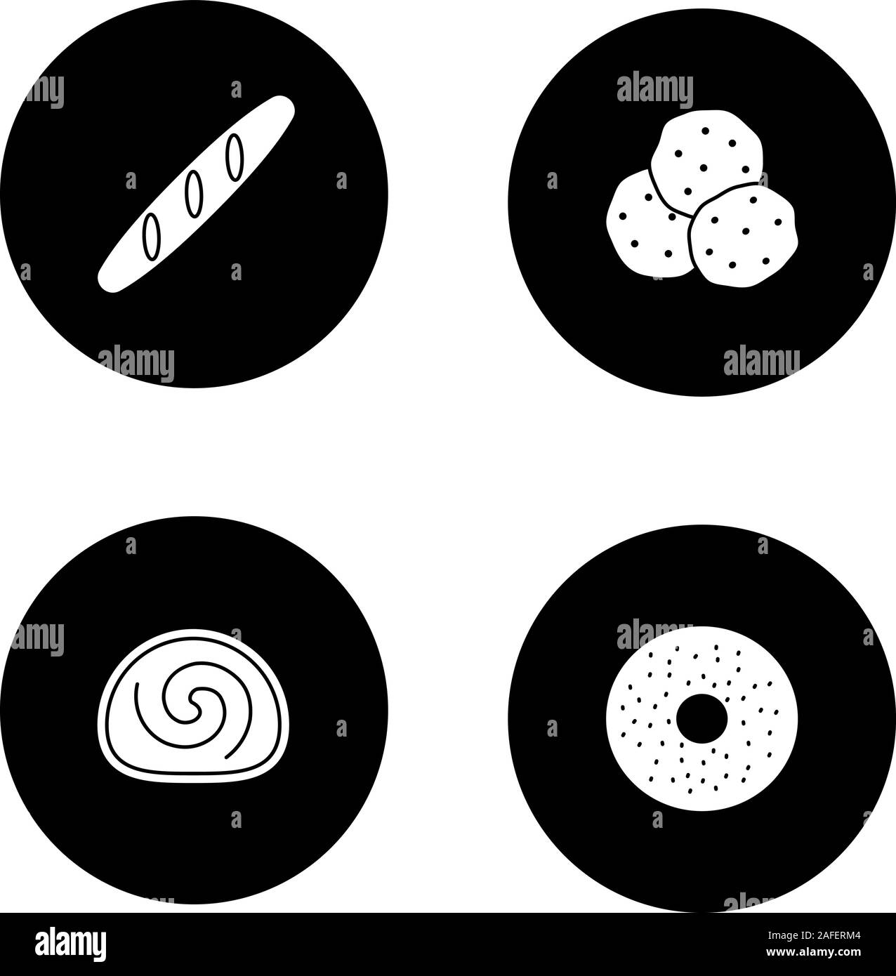 Glifo da forno set di icone. Baguette, scaglie di cioccolato, swiss roll, bagel. Vettore silhouette bianca illustrazioni di cerchi neri Illustrazione Vettoriale